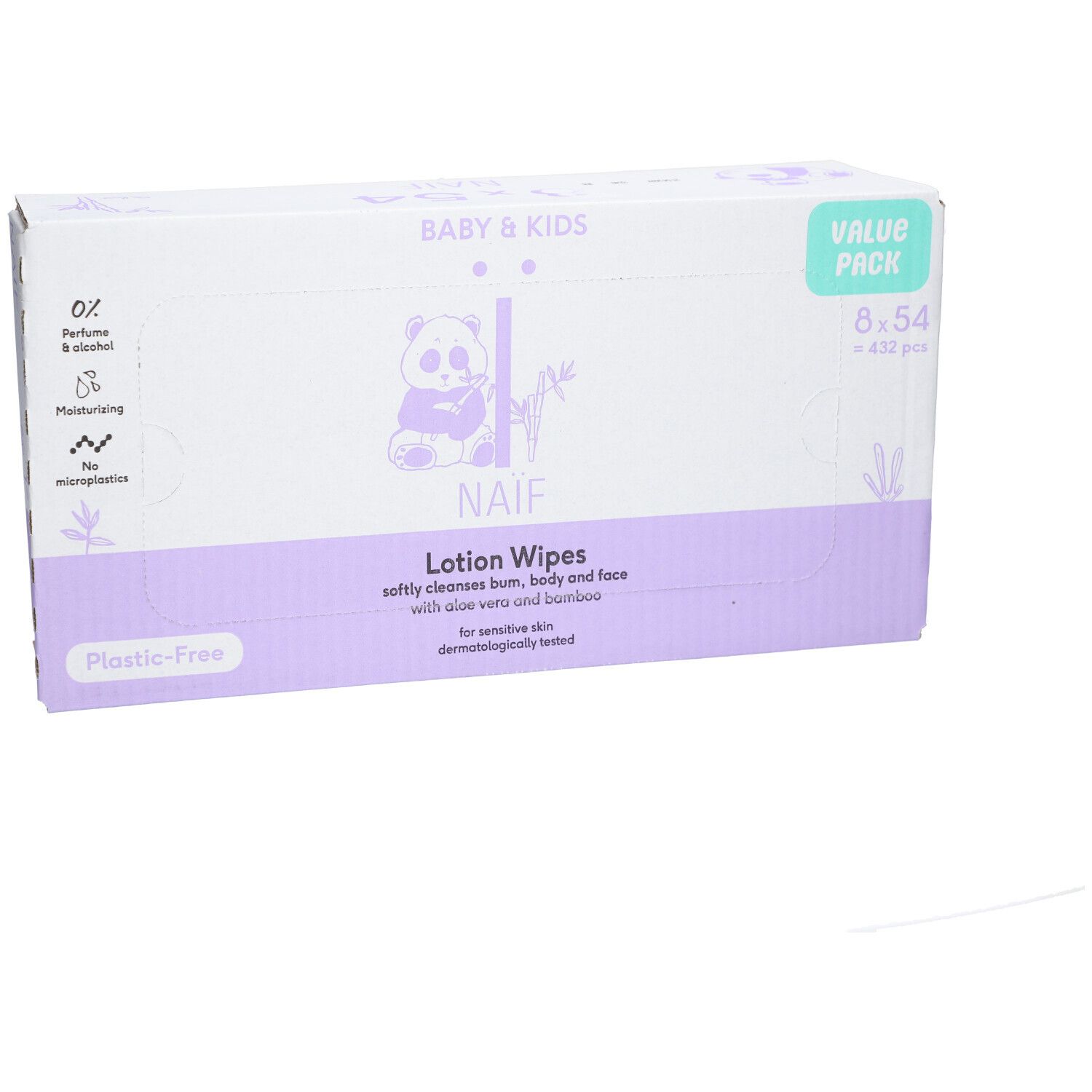 Naïf Lotion Wipes verpakking. Baby & Kids. 8 x 54 doekjes. Panda logo. Zonder parfum & alcohol. Voor gevoelige huid.