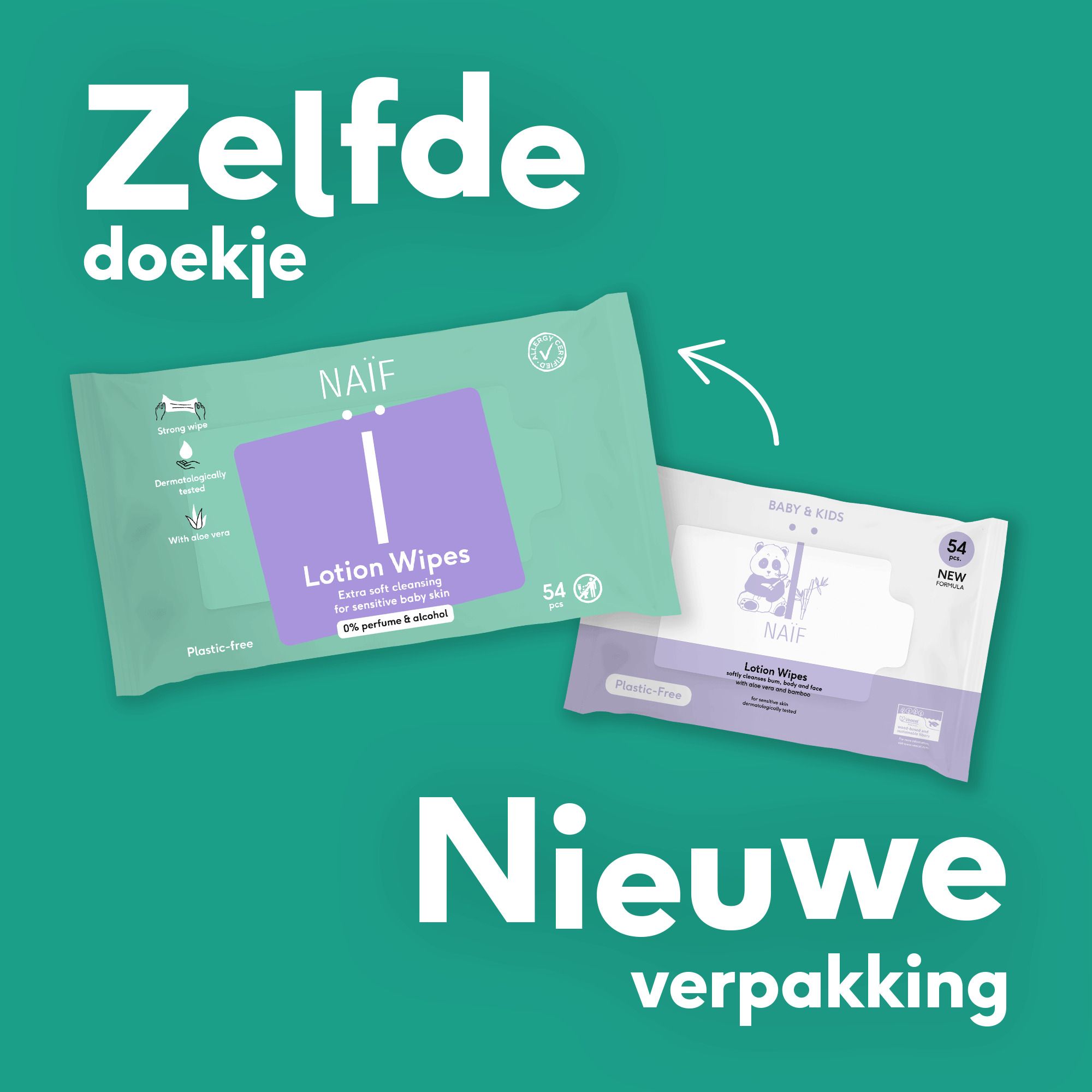 Naïf Lotion Wipes, 54 stuks, plasticvrij, met aloë vera.