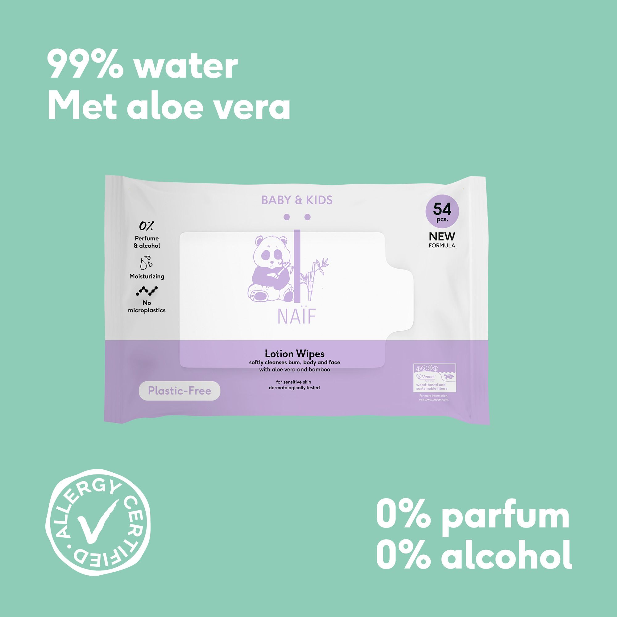 Verpakking Naïf Lotion Wipes. Tekst: 99% water Met aloe vera. 0% parfum, 0% alcohol.
