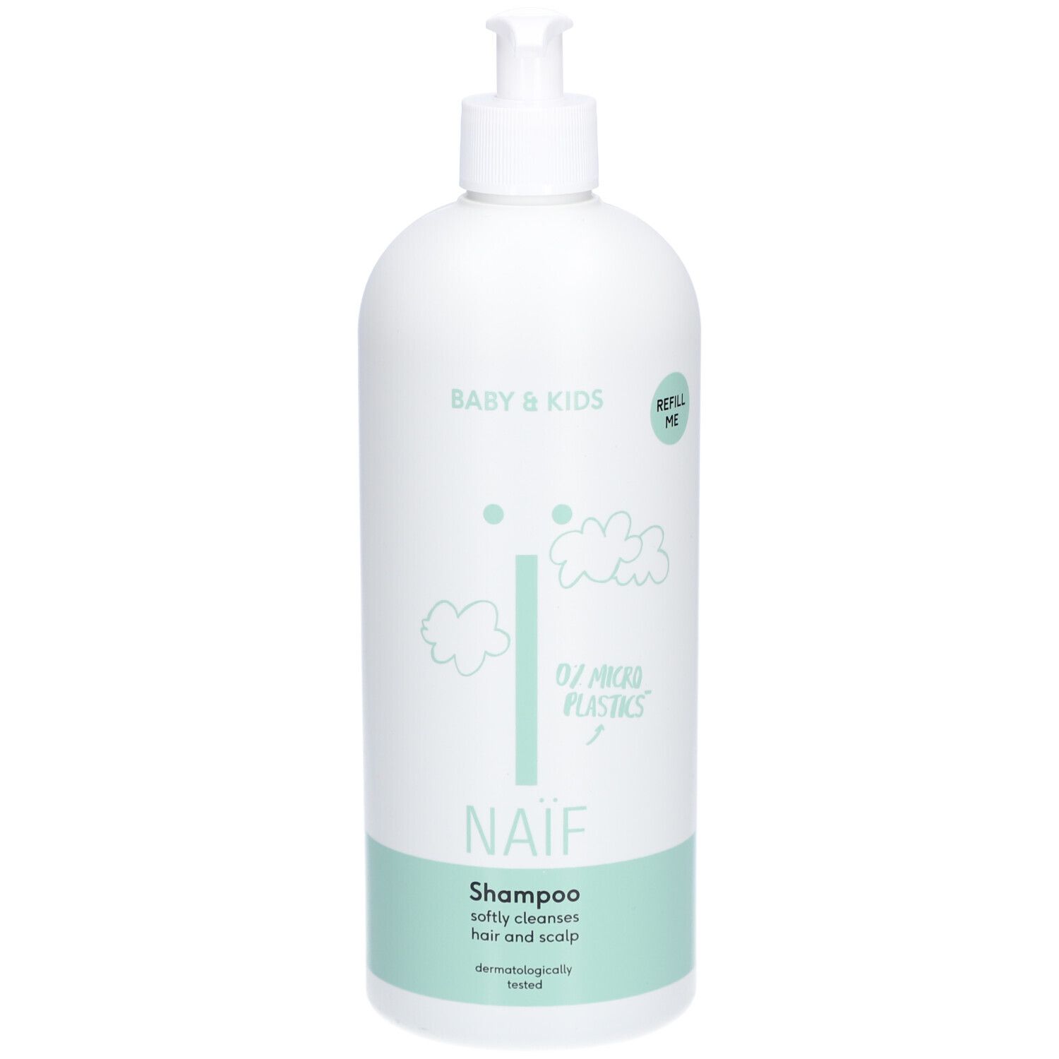 Flacon blanc de shampooing Naïf Baby & Kids. Avec pompe, accents verts et texte.