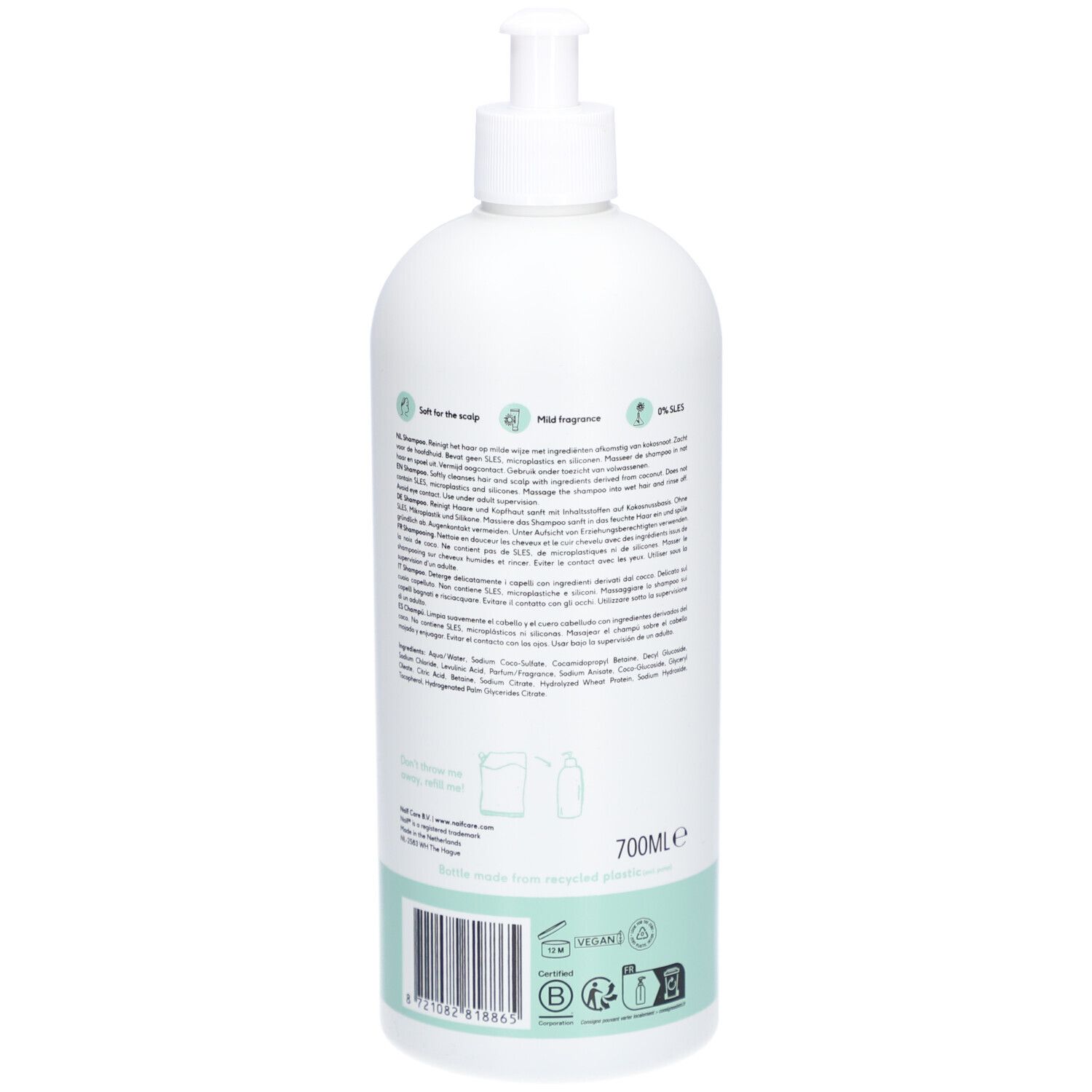 Dos du flacon de shampooing Naïf blanc. Avec texte, accents verts et code-barres.