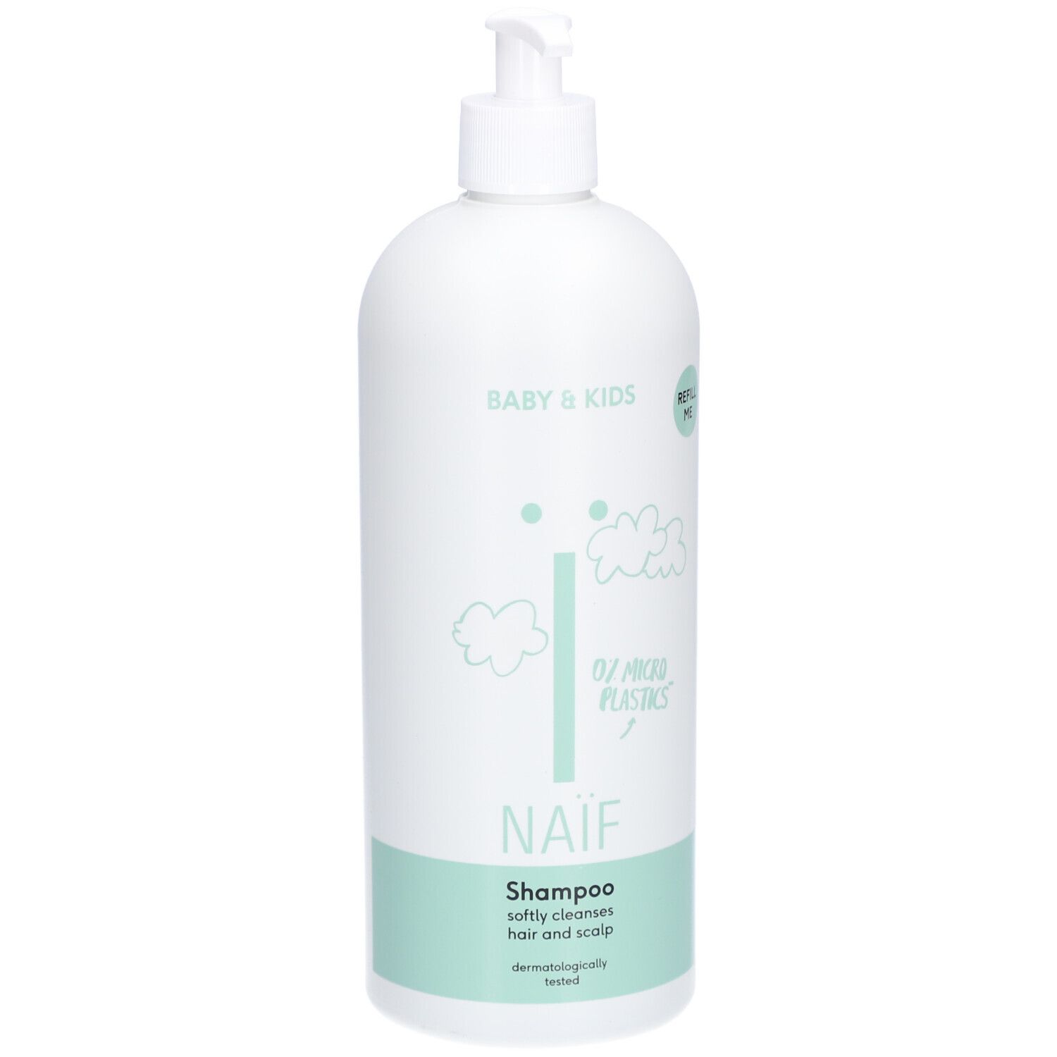 Flacon blanc de shampooing Naïf Baby & Kids. Avec pompe, accents verts et texte.