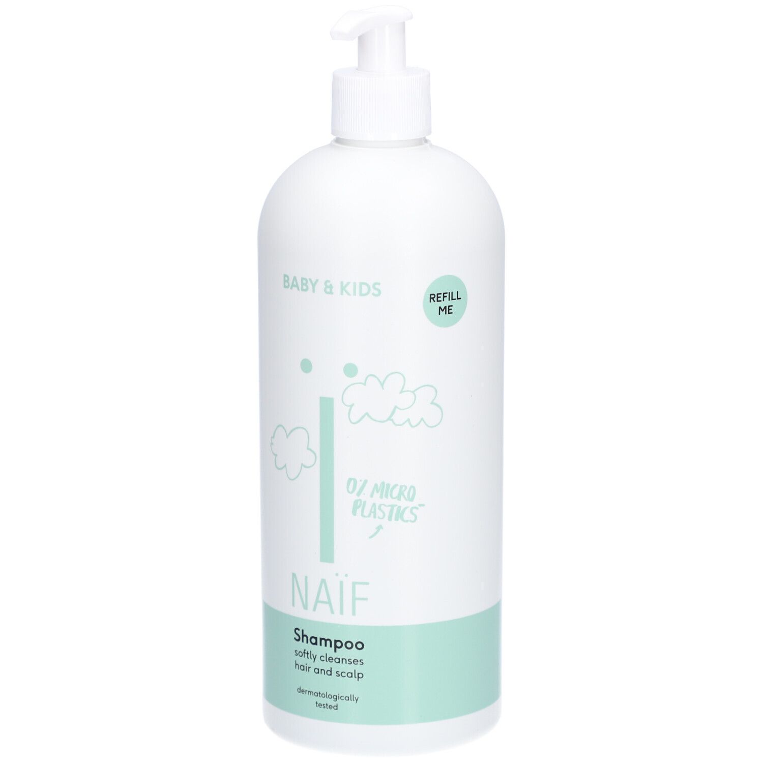 Flacon blanc de shampooing Naïf Baby & Kids. Avec pompe, accents verts et texte.