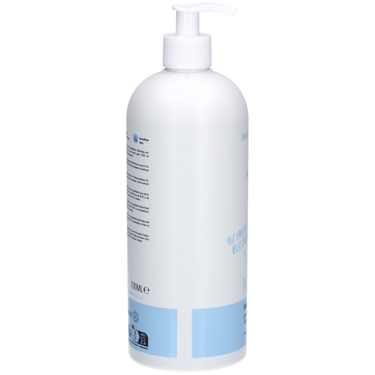 Flacon blanc avec pompe. Texte au dos. Bande bleu clair en bas. 700ml.