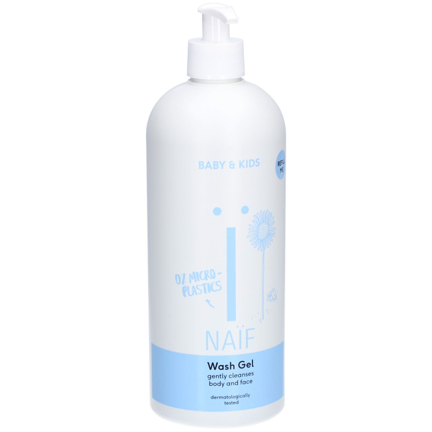Flacon blanc avec pompe. Inscription: NAÏF Wash Gel, Baby & Kids. Bande bleu clair en bas. Sans microplastiques.