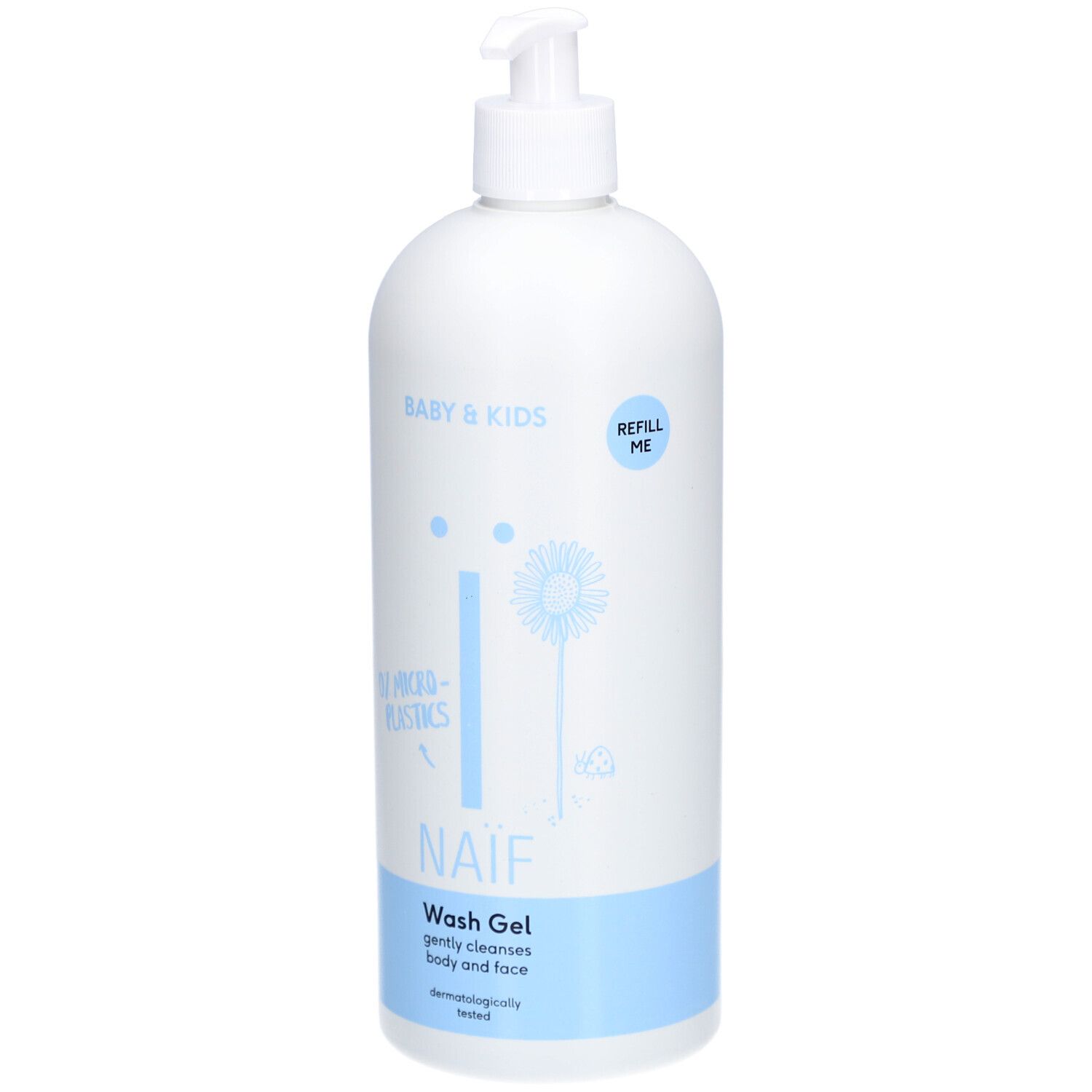 Flacon blanc avec pompe. Inscription: NAÏF Wash Gel, Baby & Kids. Bande bleu clair en bas. Sans microplastiques.