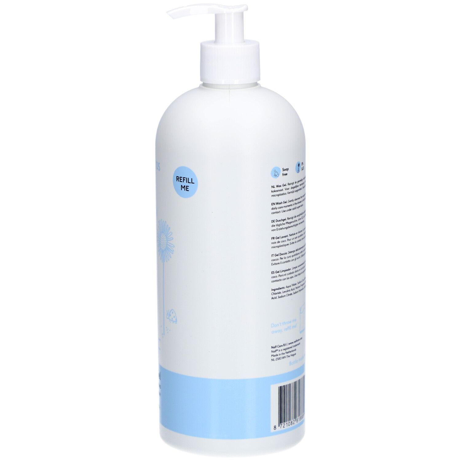 Flacon blanc avec pompe. Dos avec texte. Bande bleu clair en bas. 700ml.