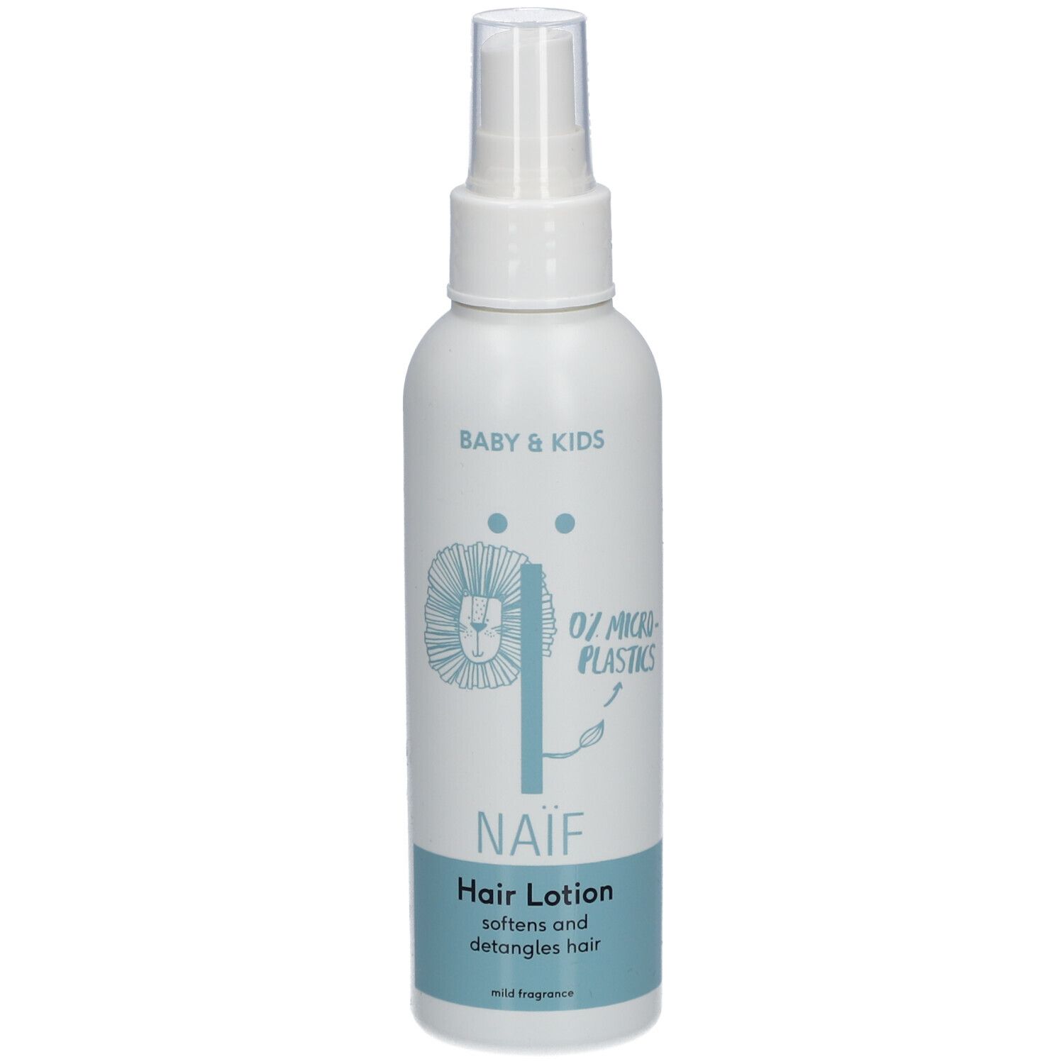 Witte fles met verstuiver. Opschrift: Naïf, Hair Lotion. Bevat 0% microplastics. Voor baby's en kinderen.