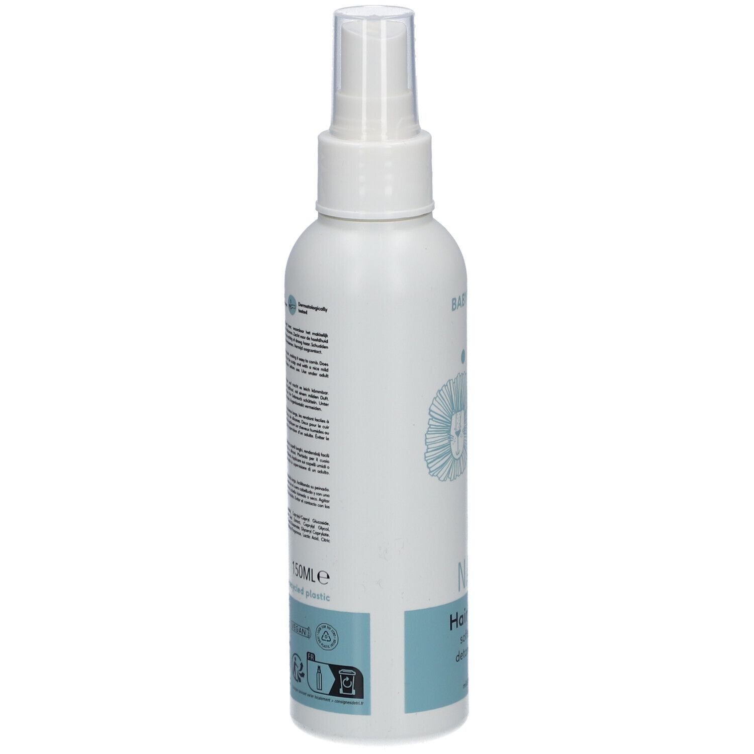 Witte fles met verstuiver. Opschrift: Naïf, Hair Lotion. Tekst op achterkant. 150ml. Voor baby's en kinderen.