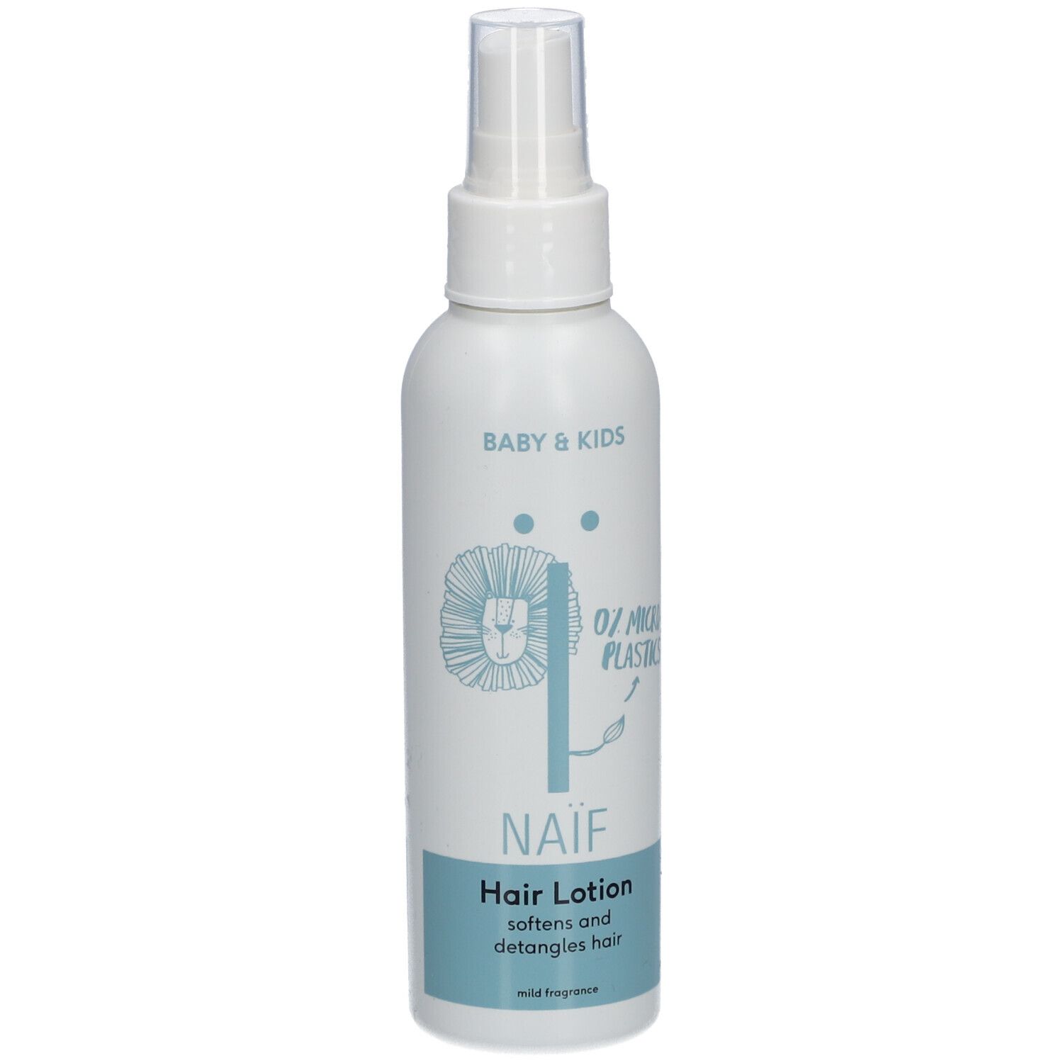 Witte fles met verstuiver. Opschrift: Naïf, Hair Lotion. Bevat 0% microplastics. Voor baby's en kinderen.