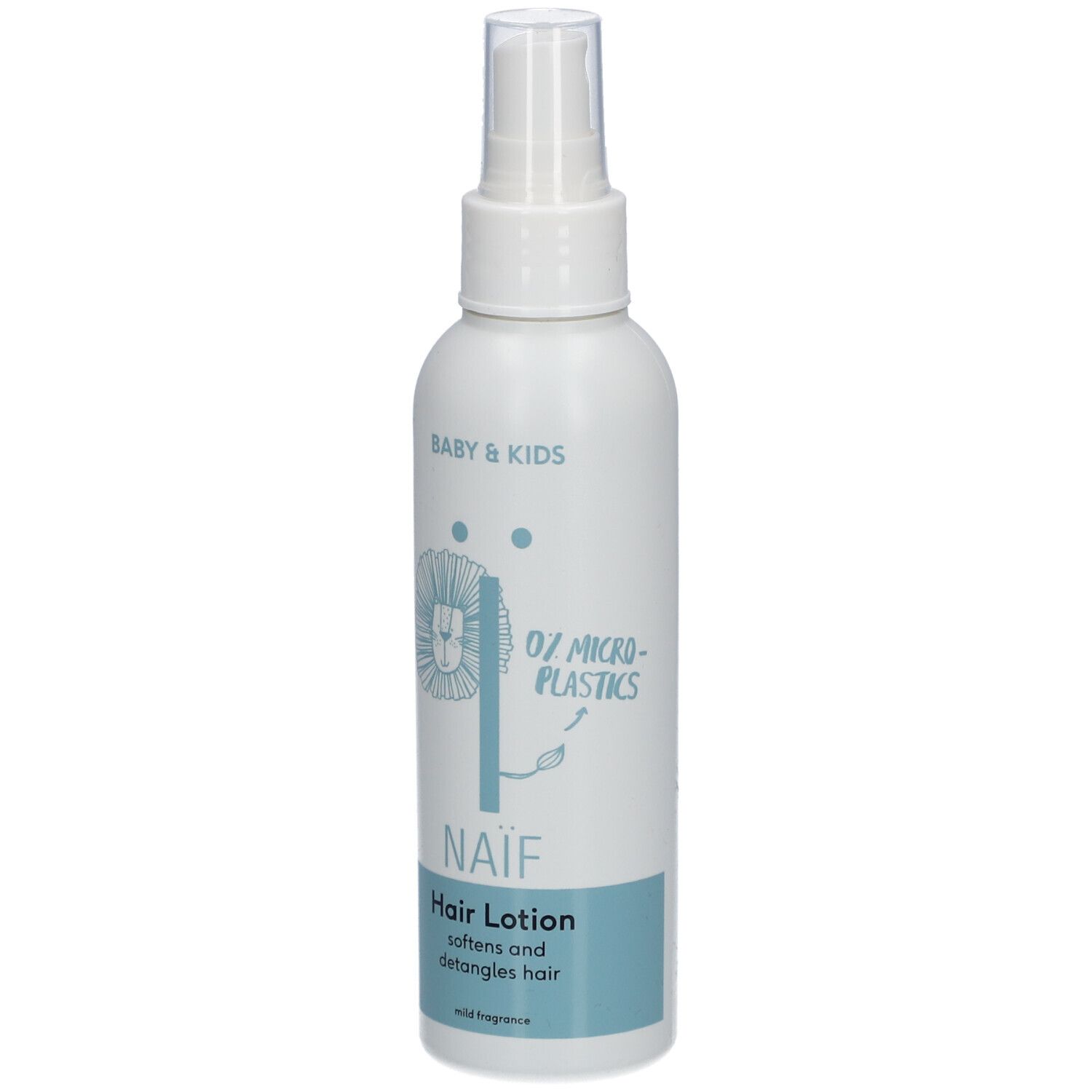 Witte fles met verstuiver. Opschrift: Naïf, Hair Lotion. Bevat 0% microplastics. Voor baby's en kinderen.