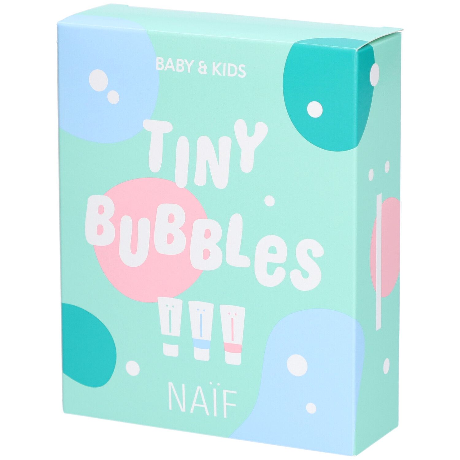 Boîte turquoise avec "TINY Bubbles" et "NAÏF". Trois petits tubes sont représentés. Inscription "BABY & KIDS".