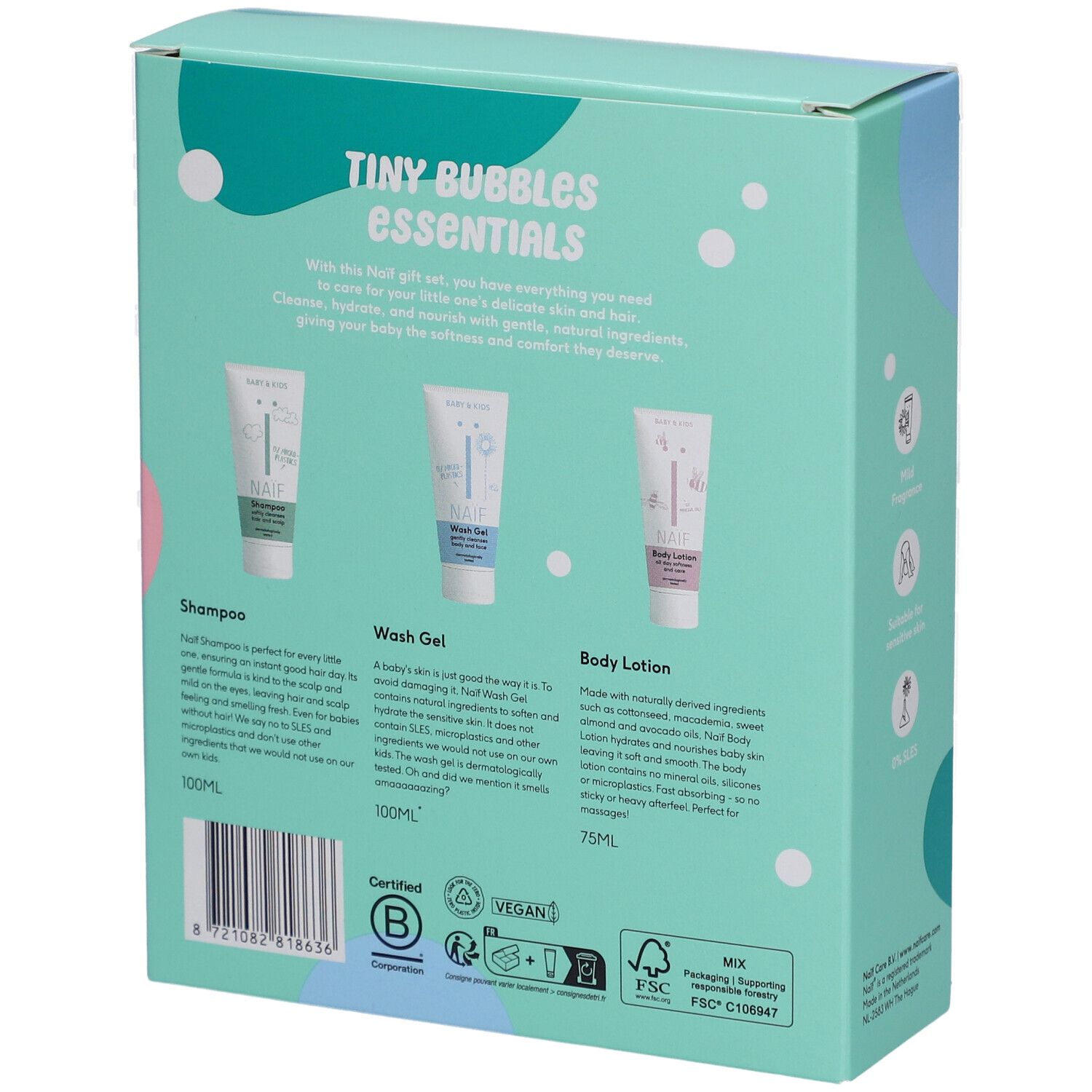 Dos d'une boîte turquoise avec "TINY Bubbles essentials". Texte sur shampooing, gel lavant et lotion corporelle. Certifications.