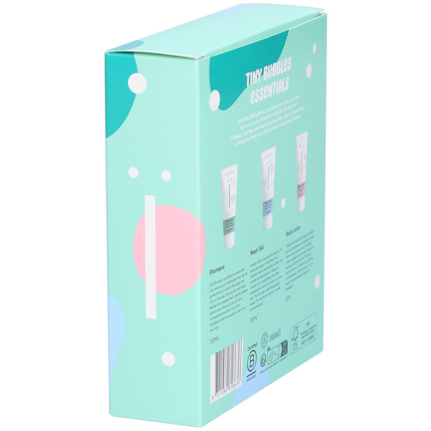Dos d'une boîte turquoise avec "TINY Bubbles essentials". Texte sur shampooing, gel lavant et lotion corporelle. Certifications.