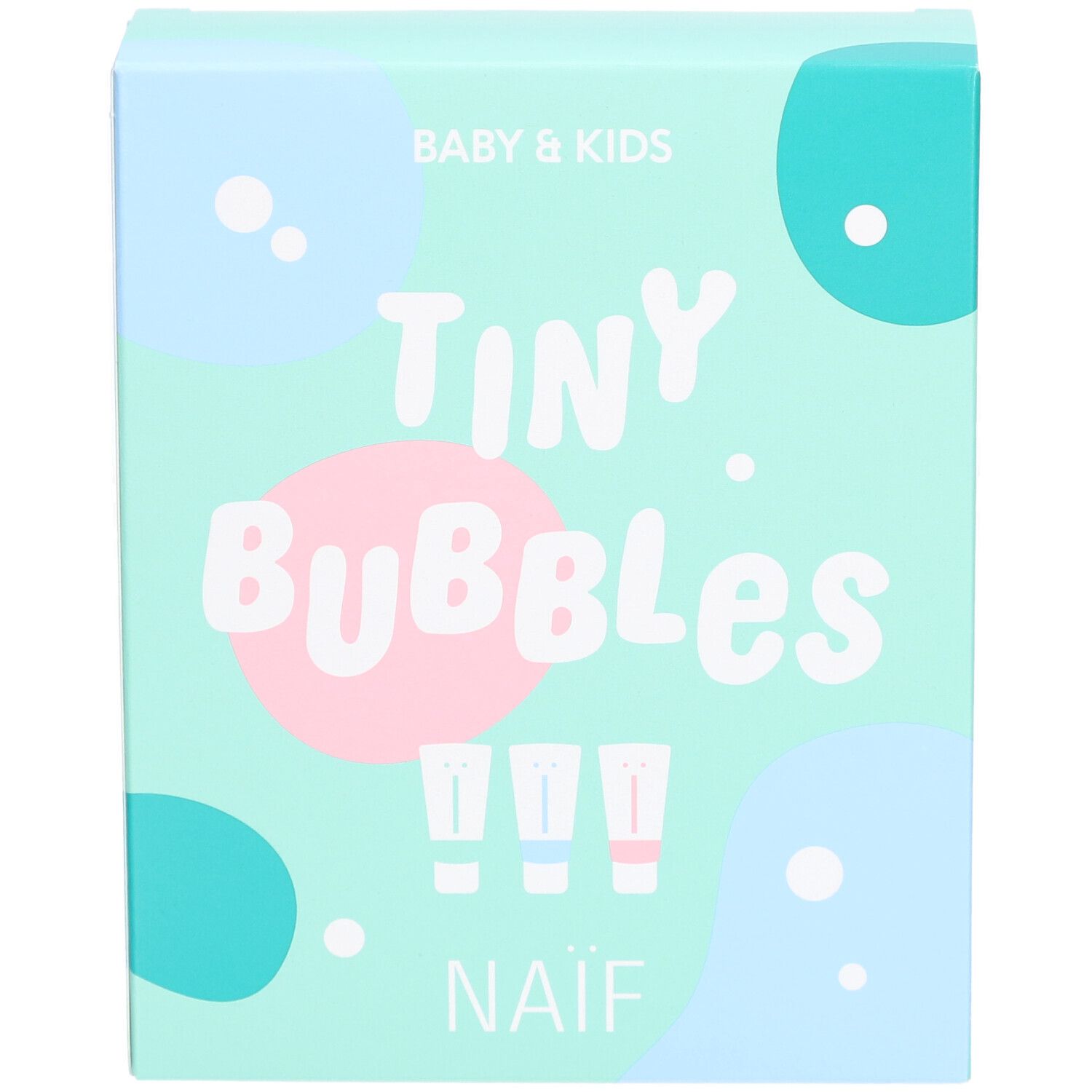 Boîte turquoise avec "TINY Bubbles" et "NAÏF". Trois petits tubes sont représentés. Inscription "BABY & KIDS".