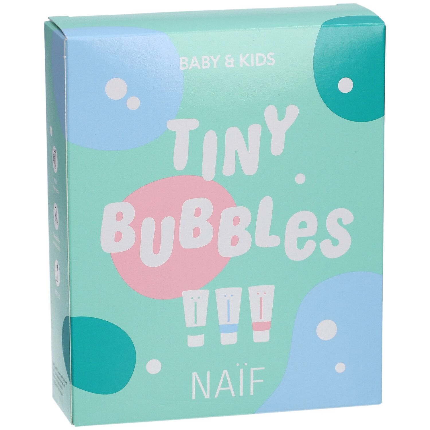 Boîte turquoise avec "TINY Bubbles" et "NAÏF". Trois petits tubes sont représentés. Inscription "BABY & KIDS".