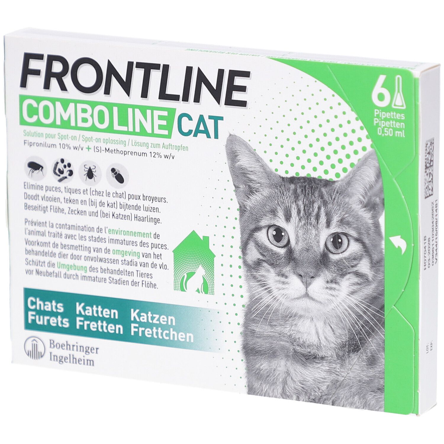 Boîte de Frontline Combo Line Cat. Contient 6 pipettes. Image d'un chat. Texte en allemand, français, italien et néerlandais.