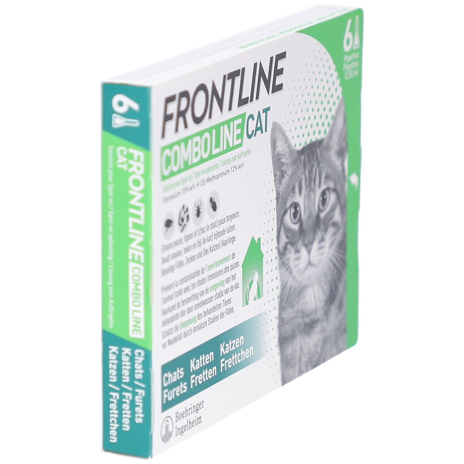 Boîte Frontline Combo Line Cat, 6 pipettes. Vue latérale. Texte en allemand, français, italien et néerlandais. Image d'un chat.