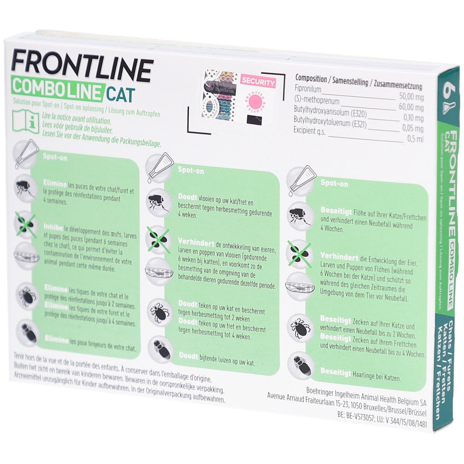 Dos de la boîte Frontline Combo Line Cat. Contient des informations sur les ingrédients et l'utilisation. Texte en allemand, français, italien et néerlandais.