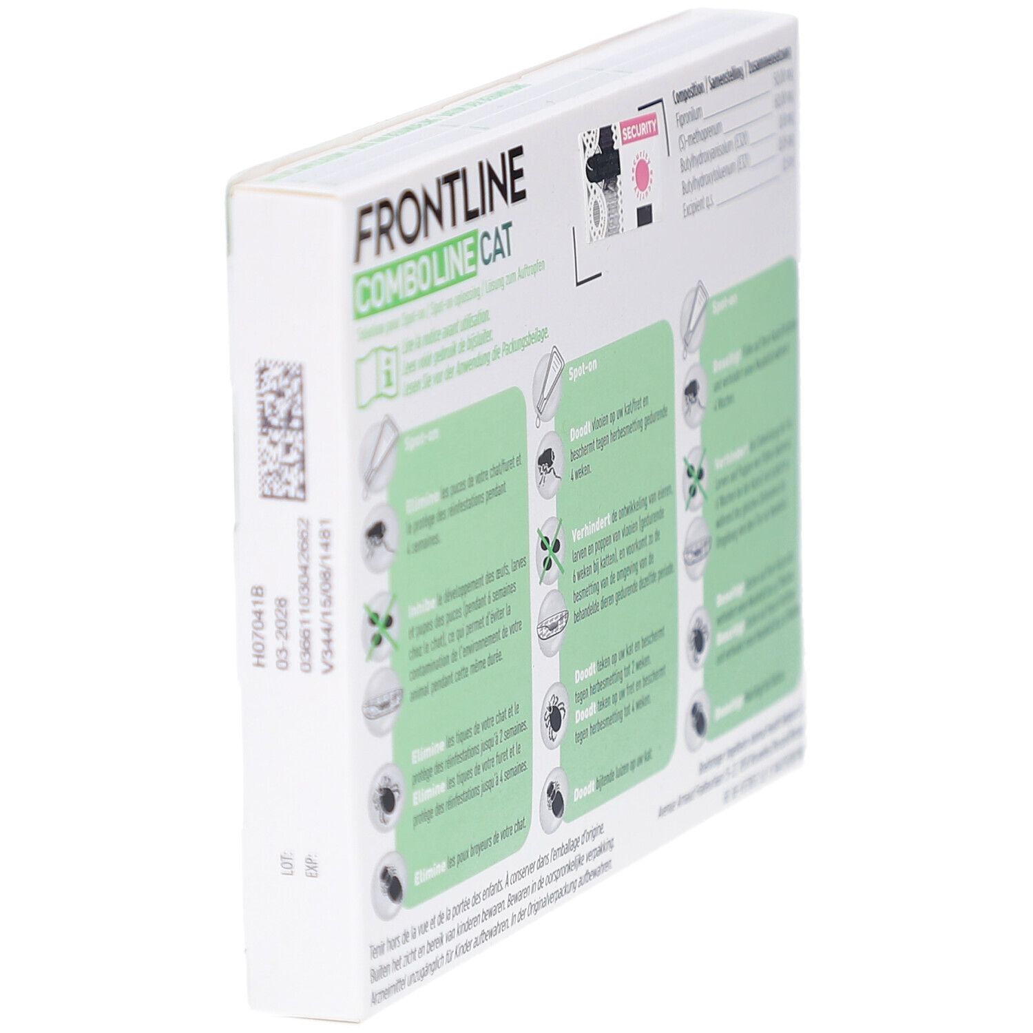 Vue latérale de la boîte Frontline Combo Line Cat. Texte en allemand, français, italien et néerlandais. Informations sur l'utilisation.