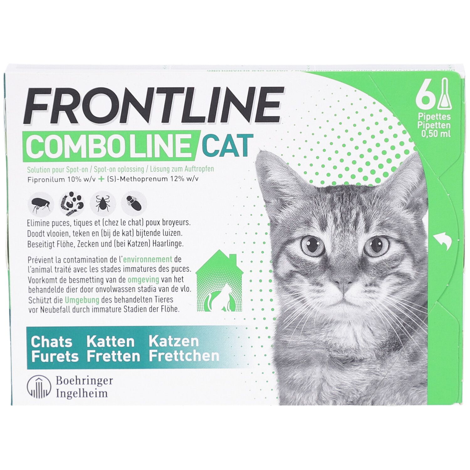 Boîte Frontline Combo Line Cat avec 6 pipettes. Image d'un chat. Texte en allemand, français, italien et néerlandais. Logo Boehringer Ingelheim.