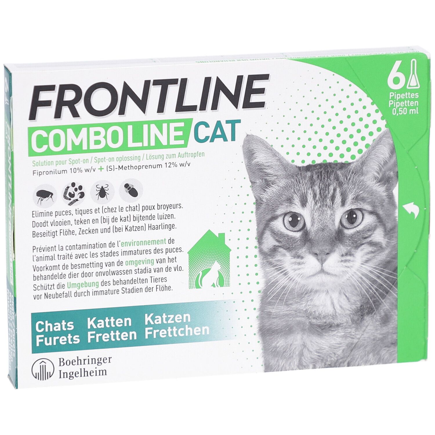 Boîte Frontline Combo Line Cat avec 6 pipettes. Image d'un chat. Texte en allemand, français, italien et néerlandais. Logo Boehringer Ingelheim.