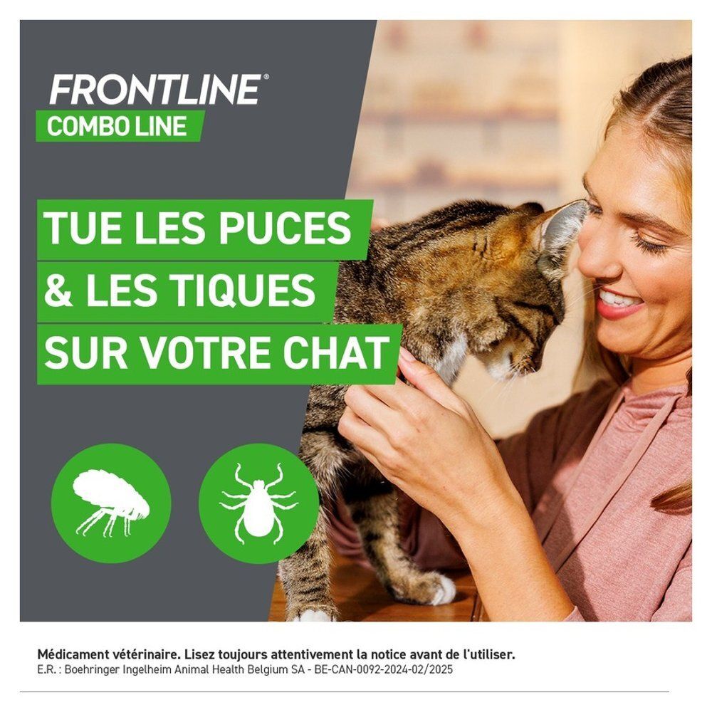 Boîte FRONTLINE Combo pour chats, 6 pipettes. Vue latérale avec un chat et des informations produit.