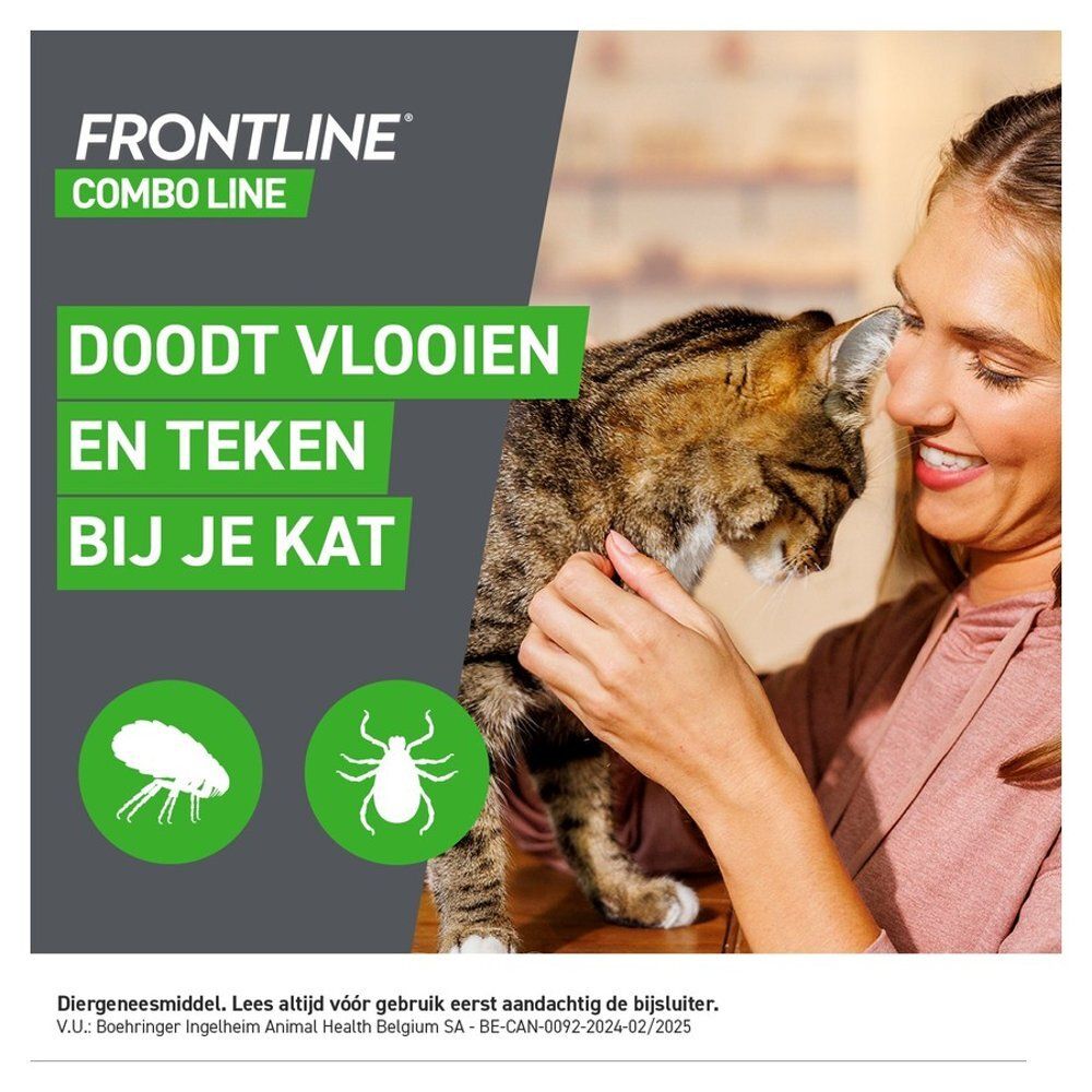 Verpakking FRONTLINE Combo voor katten. Grijze kat wordt aangeraakt door vinger, tekst over geschiktheid voor drachtige katten.