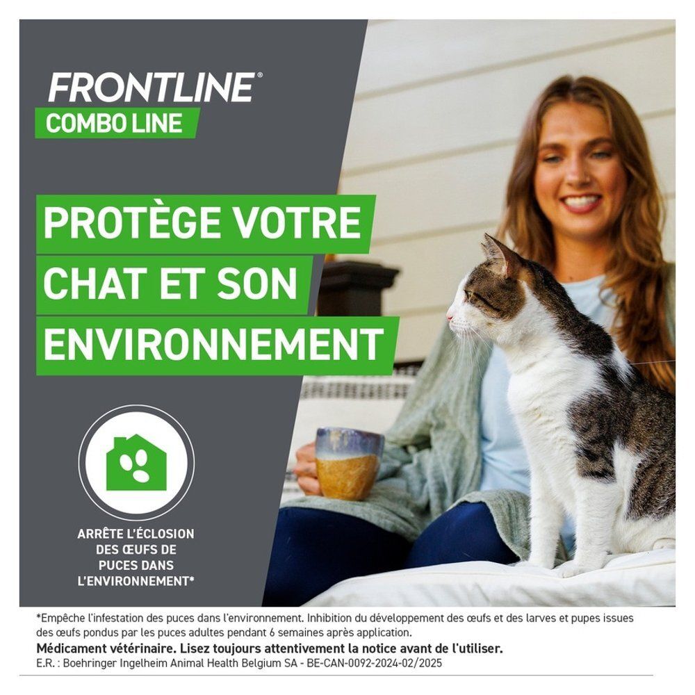 Boîte FRONTLINE Combo pour chats. Montre un chat et des informations sur l'élimination des puces et tiques.