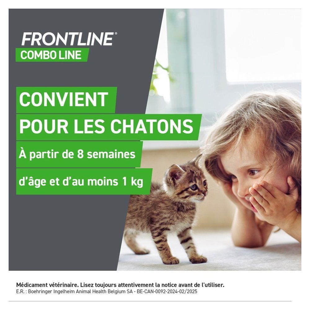 Boîte FRONTLINE Combo pour chats. Femme caressant un chat, texte sur l'élimination des puces et tiques.