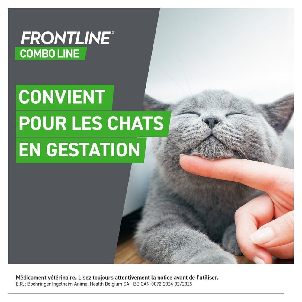 Boîte FRONTLINE Combo pour chats. Femme avec chat, texte sur la protection du chat et de son environnement.