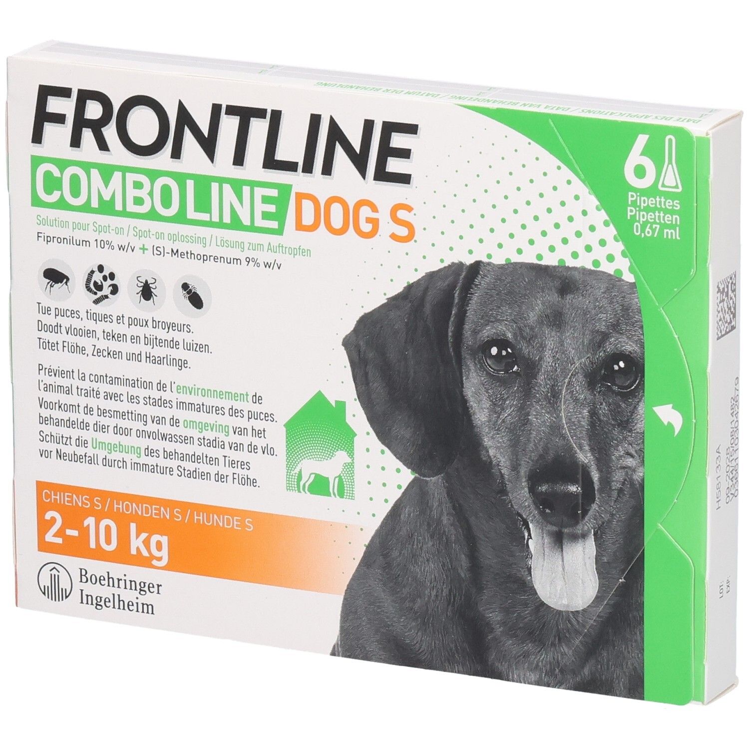Verpakking Frontline Combo Line Dog S pipetten. Bevat 6 pipetten voor honden van 2-10 kg. Afbeelding van een hond.