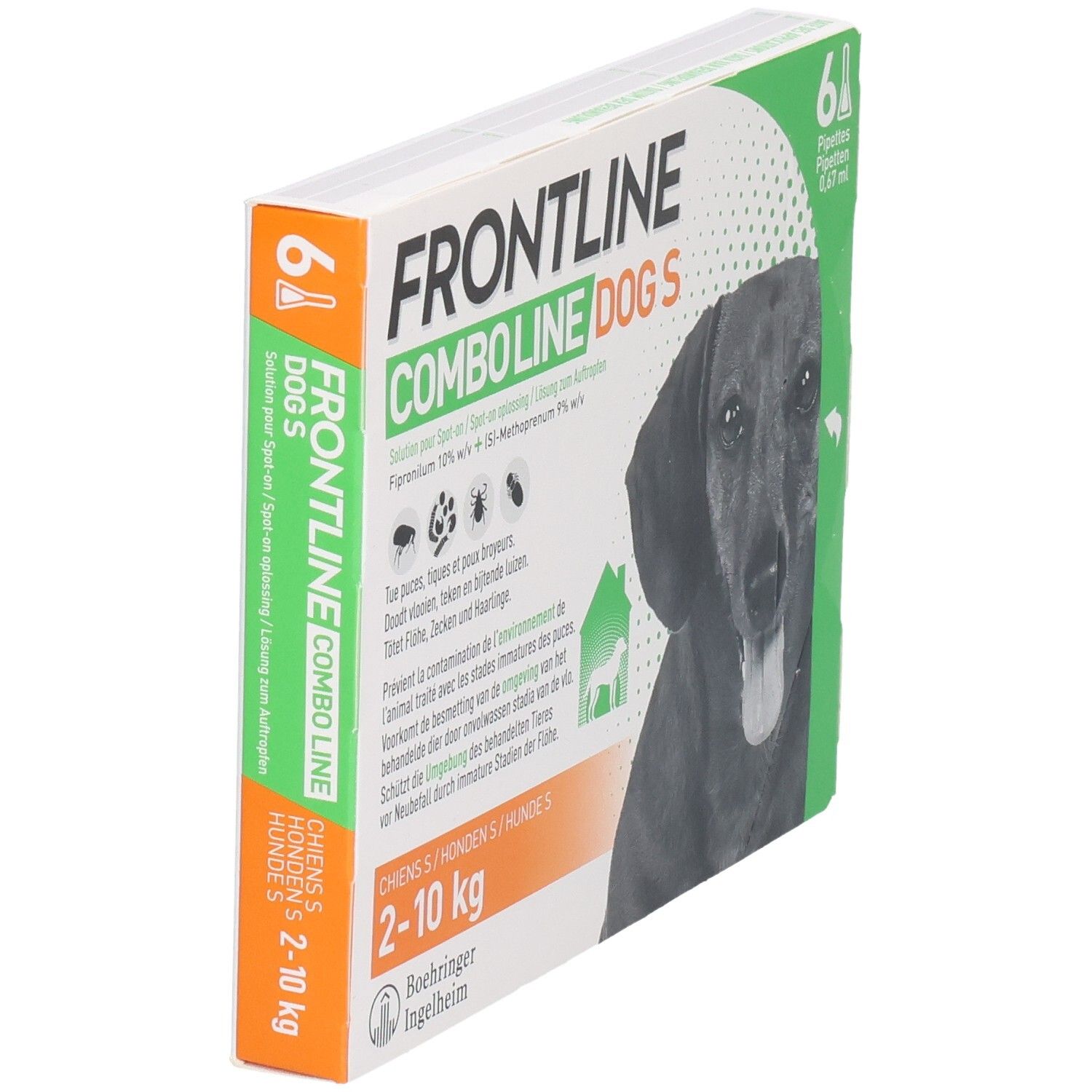 Frontline Combo Line Dog S verpakking, schuin. Bevat 6 pipetten voor honden van 2-10 kg. Productnaam en hond afgebeeld.