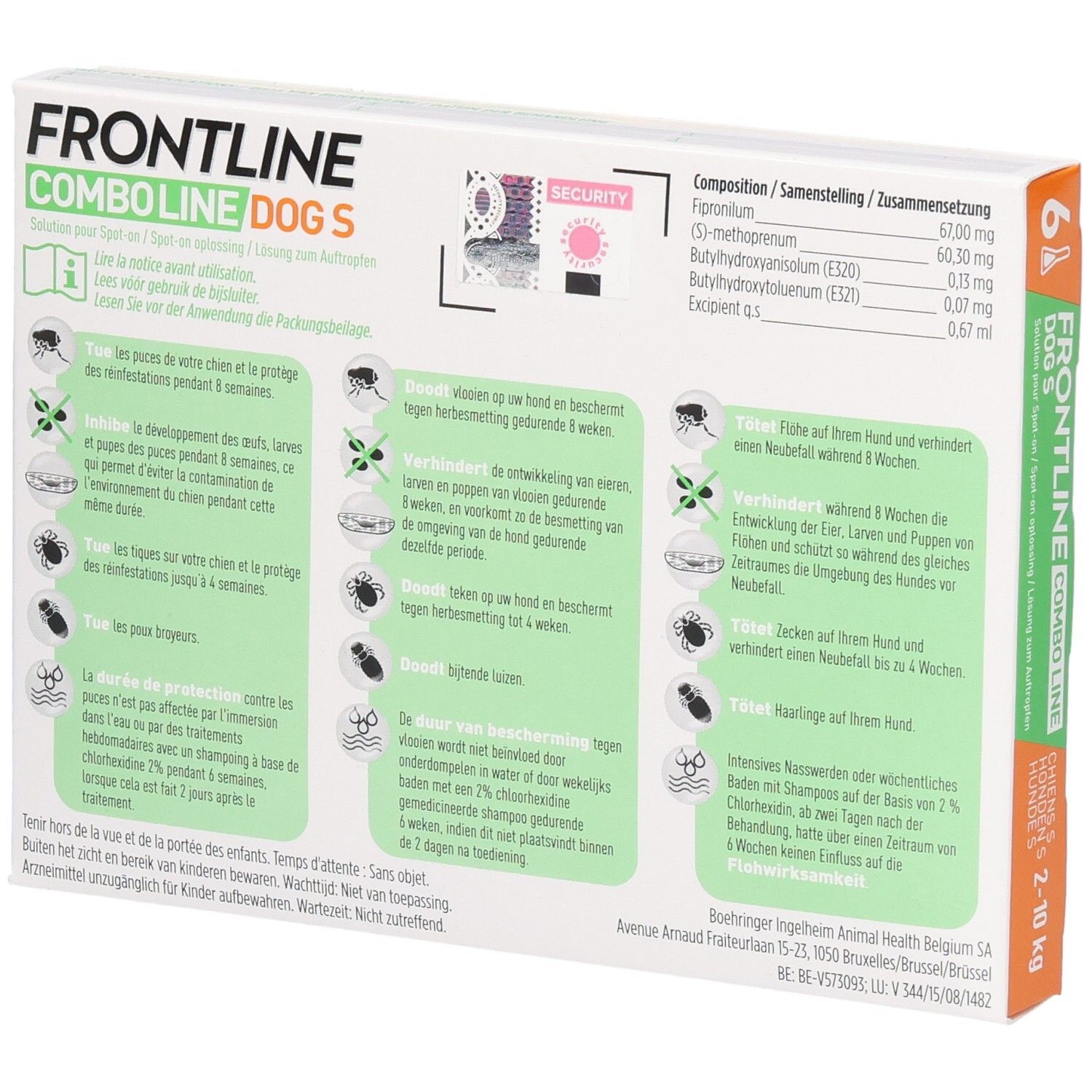 Achterkant van de Frontline Combo Line Dog S verpakking. Tekstinformatie en diagrammen. Bevat 6 pipetten voor honden van 2-10 kg.