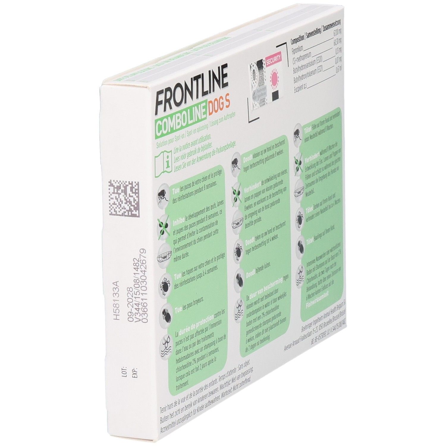 Zijaanzicht van de Frontline Combo Line Dog S verpakking. Tekst en QR-code. Bevat 6 pipetten voor honden van 2-10 kg.