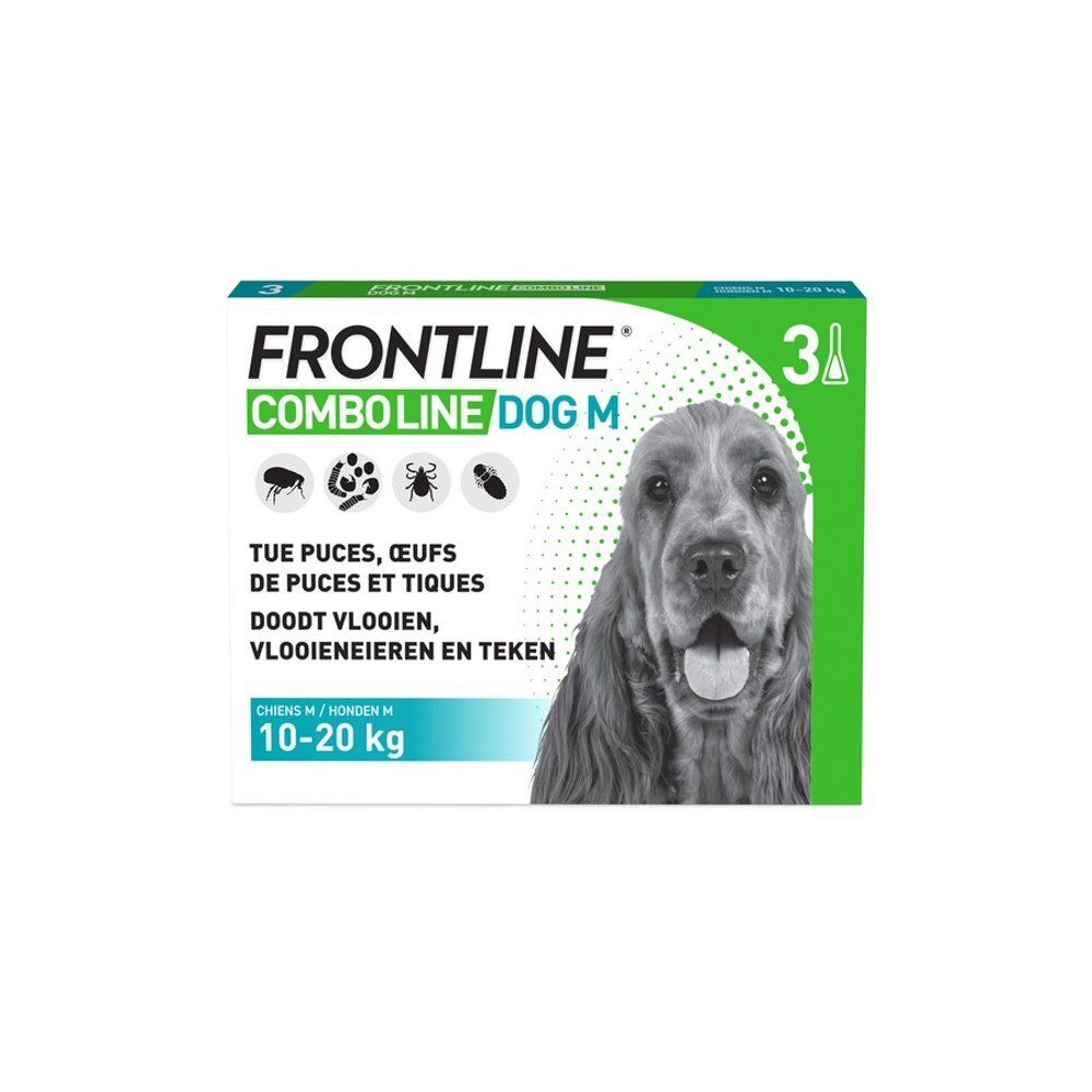 Frontline Combo Line Dog M verpakking met hondenfoto, 3 pipetten, 10-20 kg.