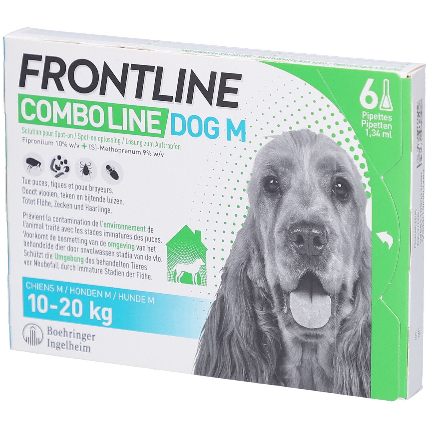 Verpakking Frontline Combo Line Dog M. Bevat 6 pipetten. Voor honden 10-20 kg. Met foto van hond.