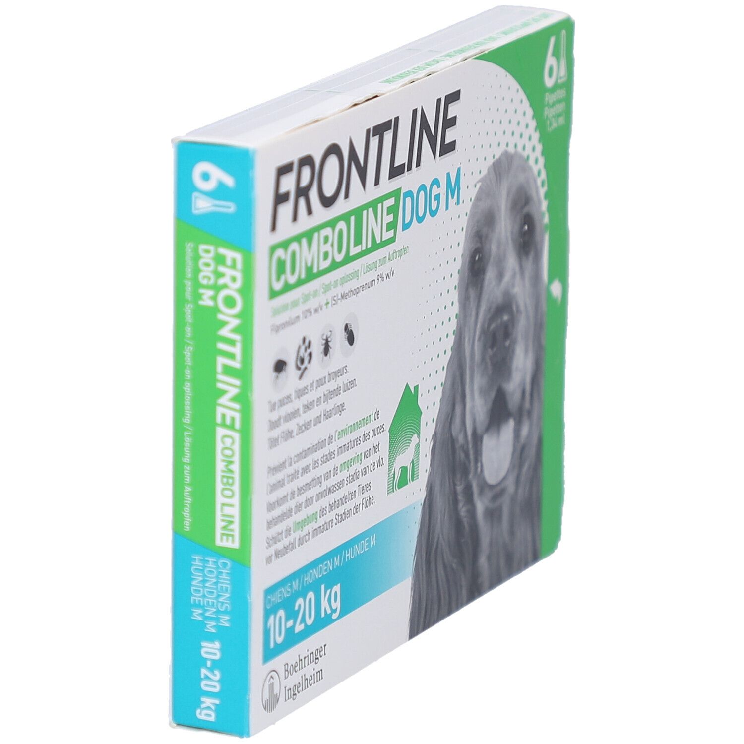 Schuine weergave van de Frontline Combo Line Dog M verpakking. 6 pipetten. Voor honden 10-20 kg.