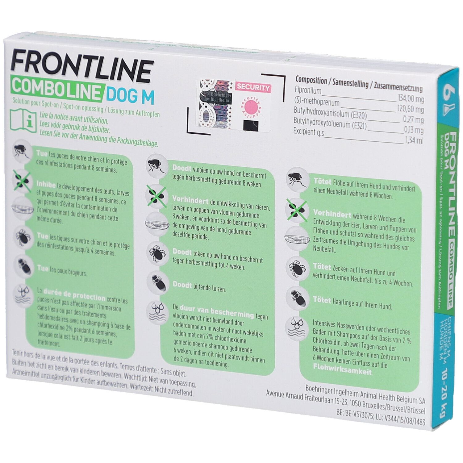 Achterkant van de Frontline Combo Line Dog M verpakking. Informatie over gebruik en ingrediënten.