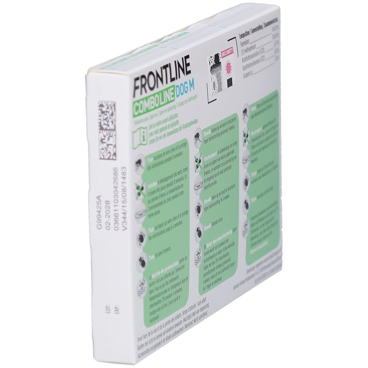 Achterkant van de Frontline Combo Line Dog M verpakking. Met informatie en QR-code.