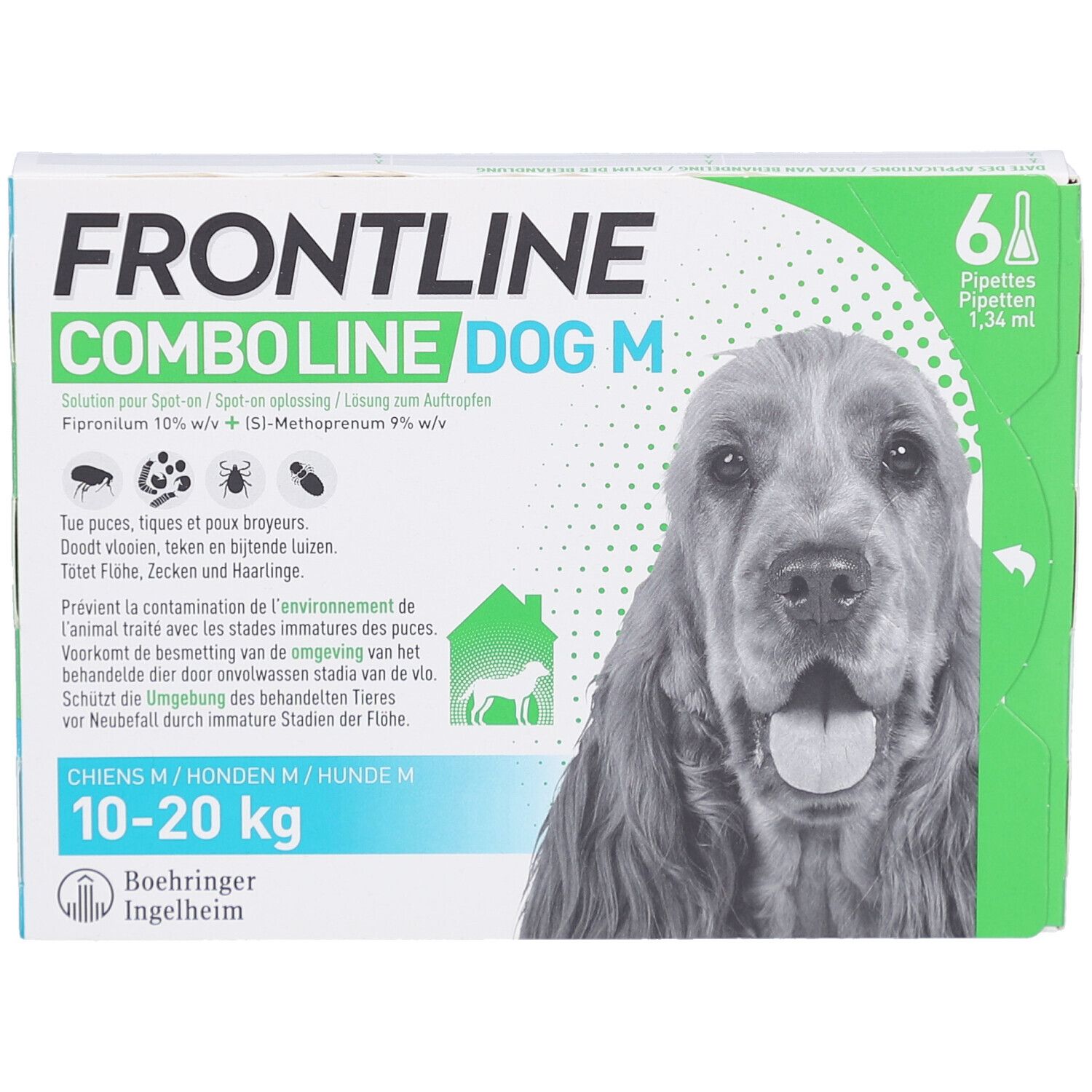 Frontline Combo Line Dog M verpakking. 6 pipetten. Voor honden 10-20 kg. Met foto van hond.