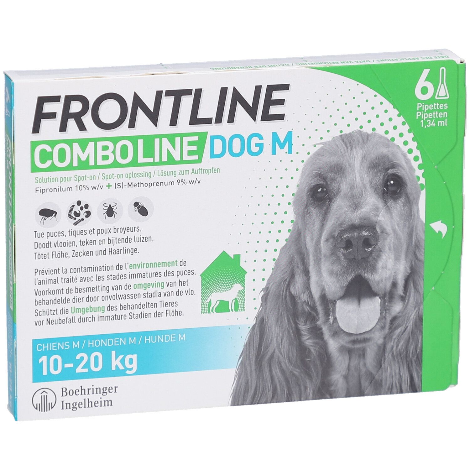 Frontline Combo Line Dog M verpakking. 6 pipetten. Voor honden 10-20 kg. Met foto van hond.