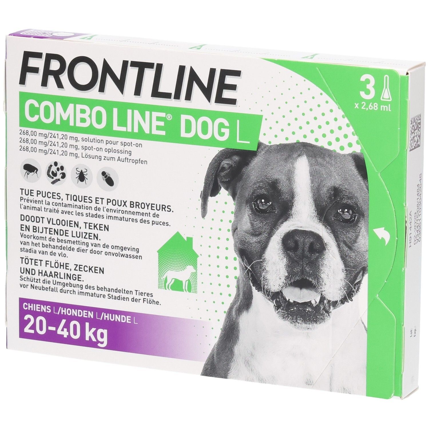 Frontline Combo Dog L doos met honden gezicht, 3 pipetten van 2,68 ml, voor honden 20-40 kg.