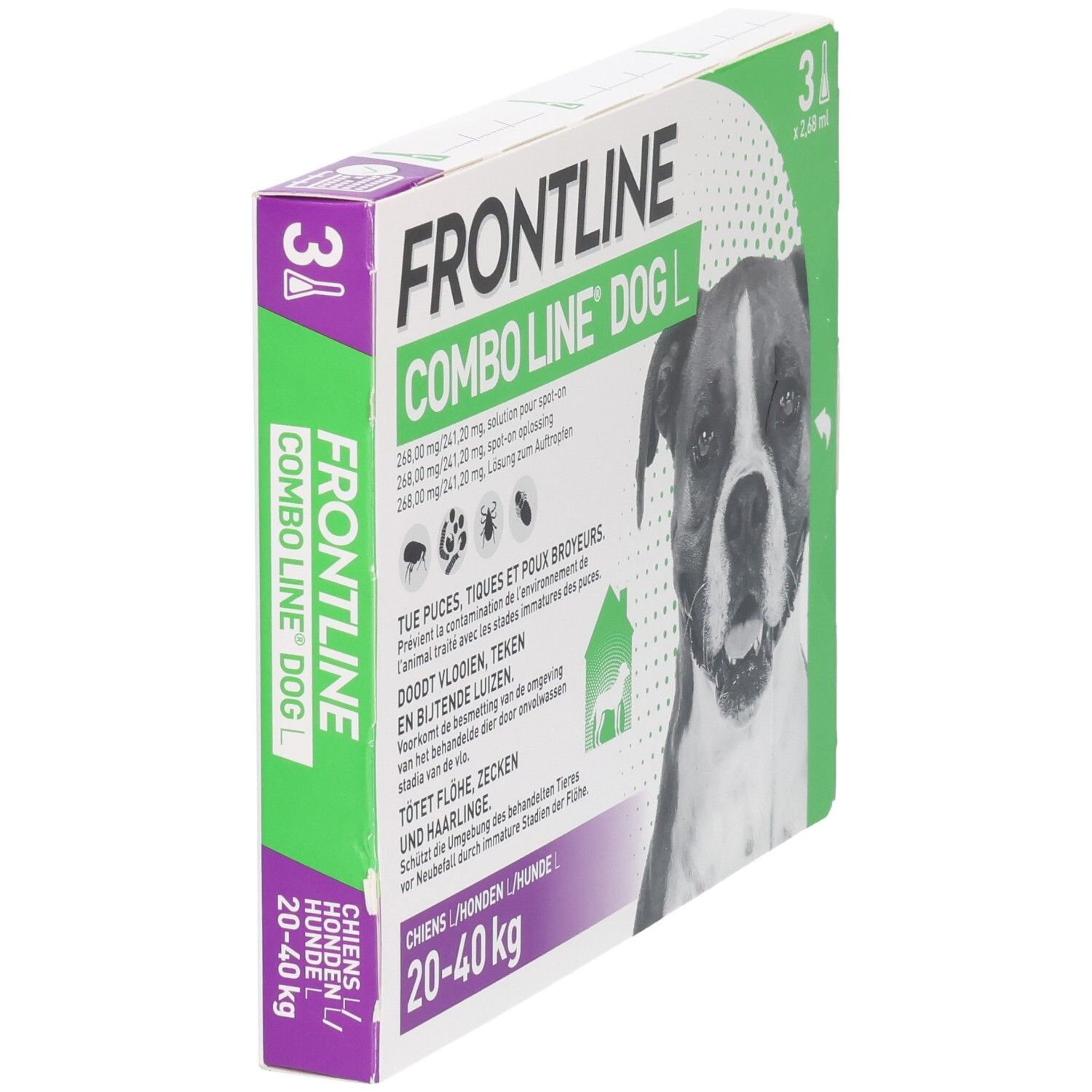 Frontline Combo Line Dog L verpakking voor honden van 20-40 kg. Bevat 3 pipetten.