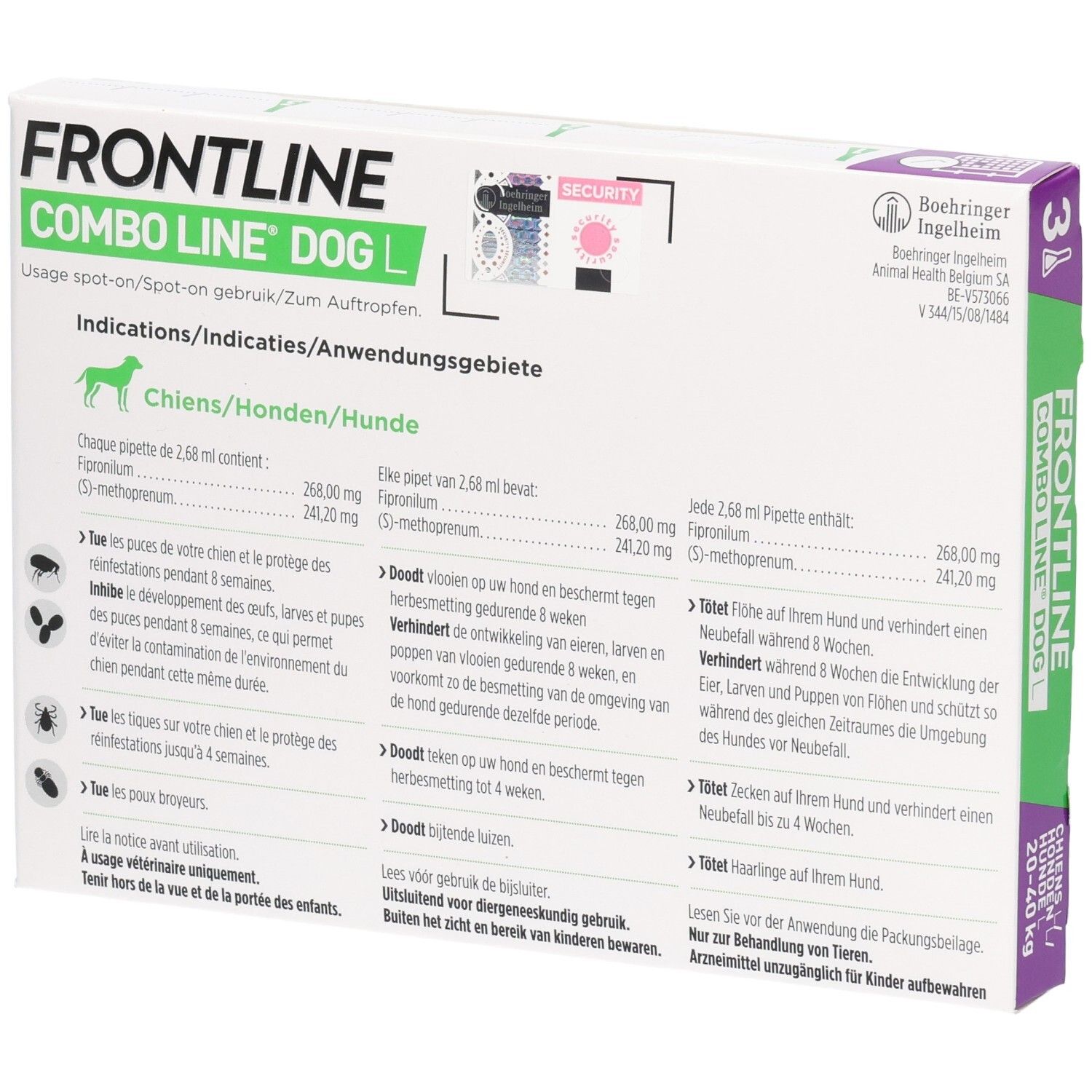 Frontline Combo Line Dog L doos met gebruiksaanwijzing voor honden van 20-40 kg.