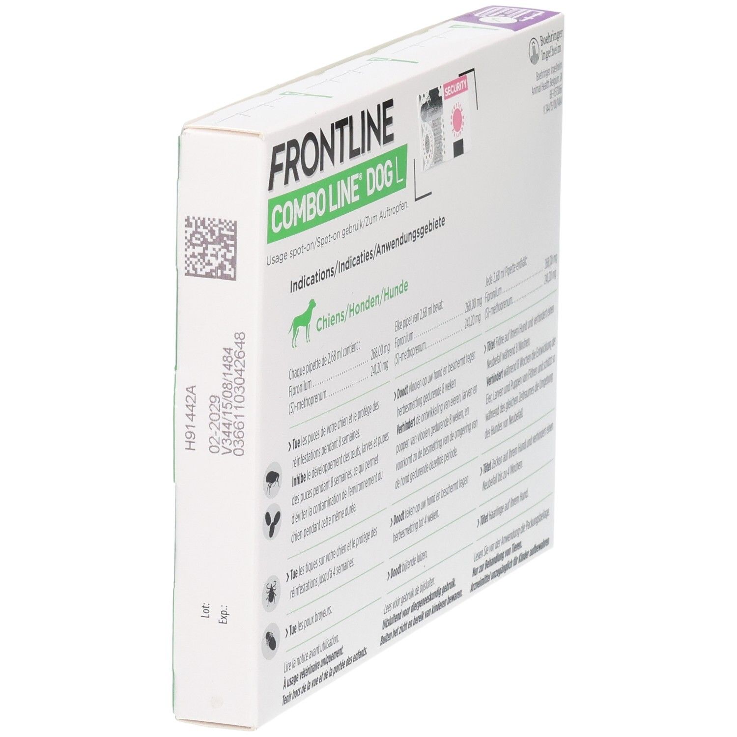 Frontline Combo Line Dog L verpakking met toepassingsinstructies voor honden.