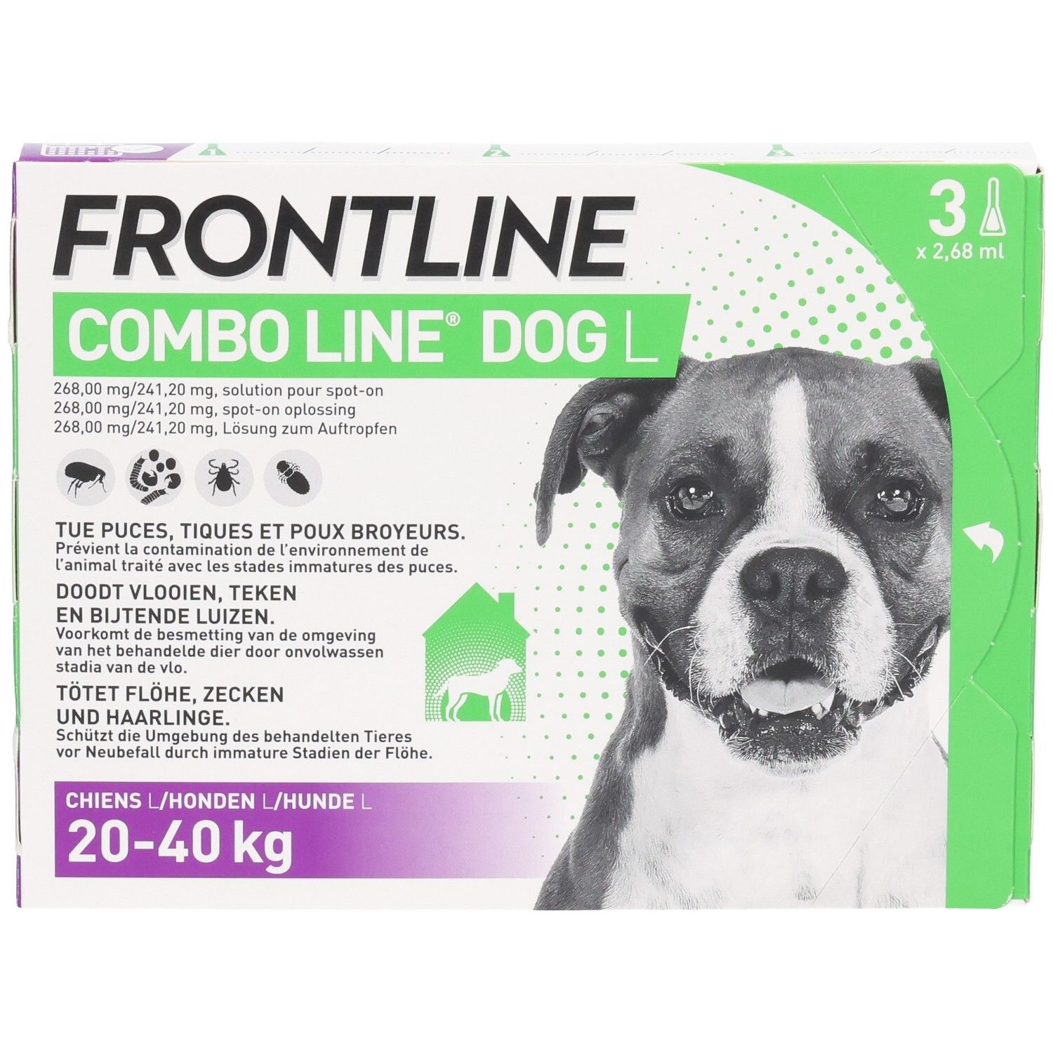 Frontline Combo Line Dog L verpakking met honden gezicht, 3 x 2,68 ml, voor honden 20-40 kg.