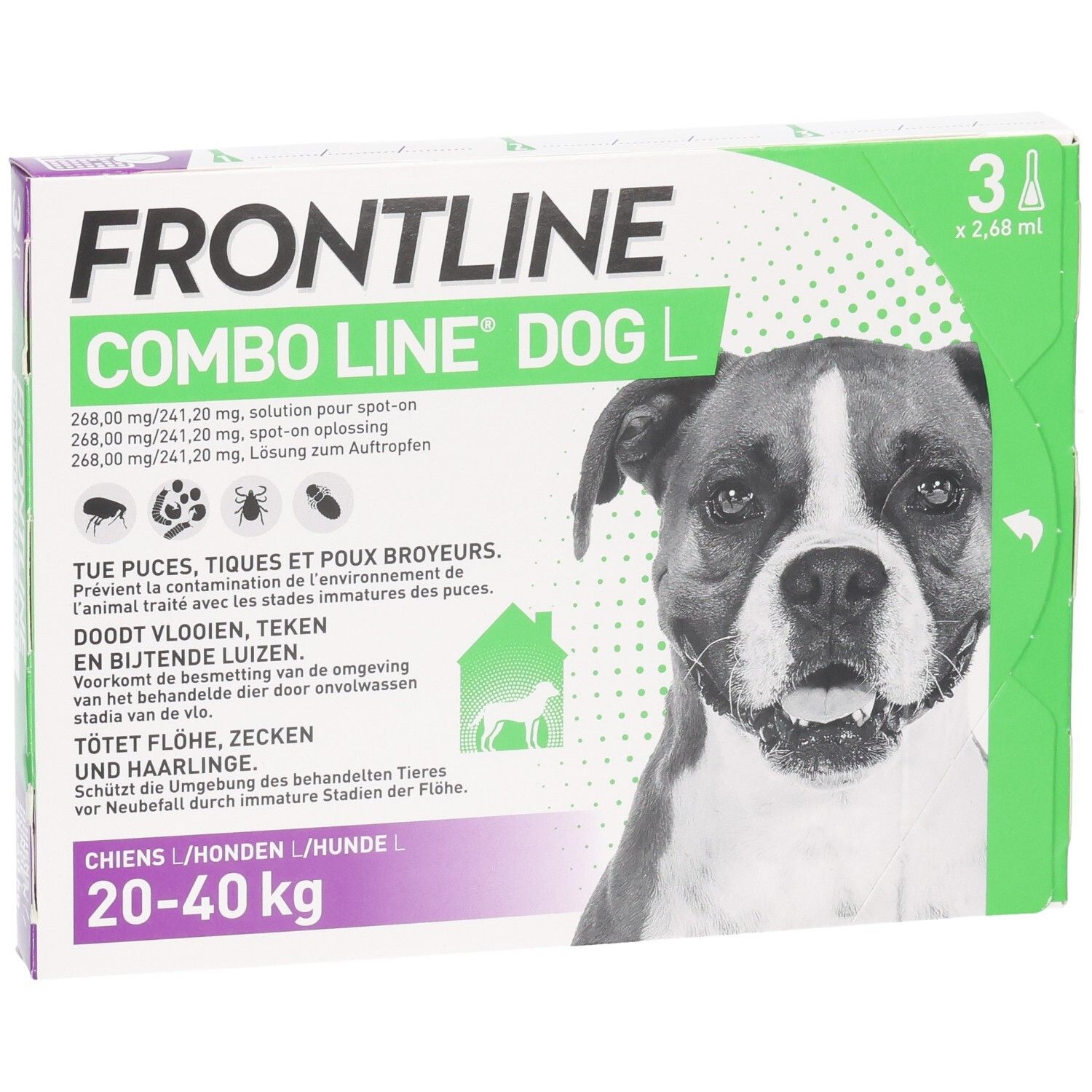 Frontline Combo Line Dog L verpakking voor honden van 20-40 kg. Bevat 3 pipetten van 2,68 ml.