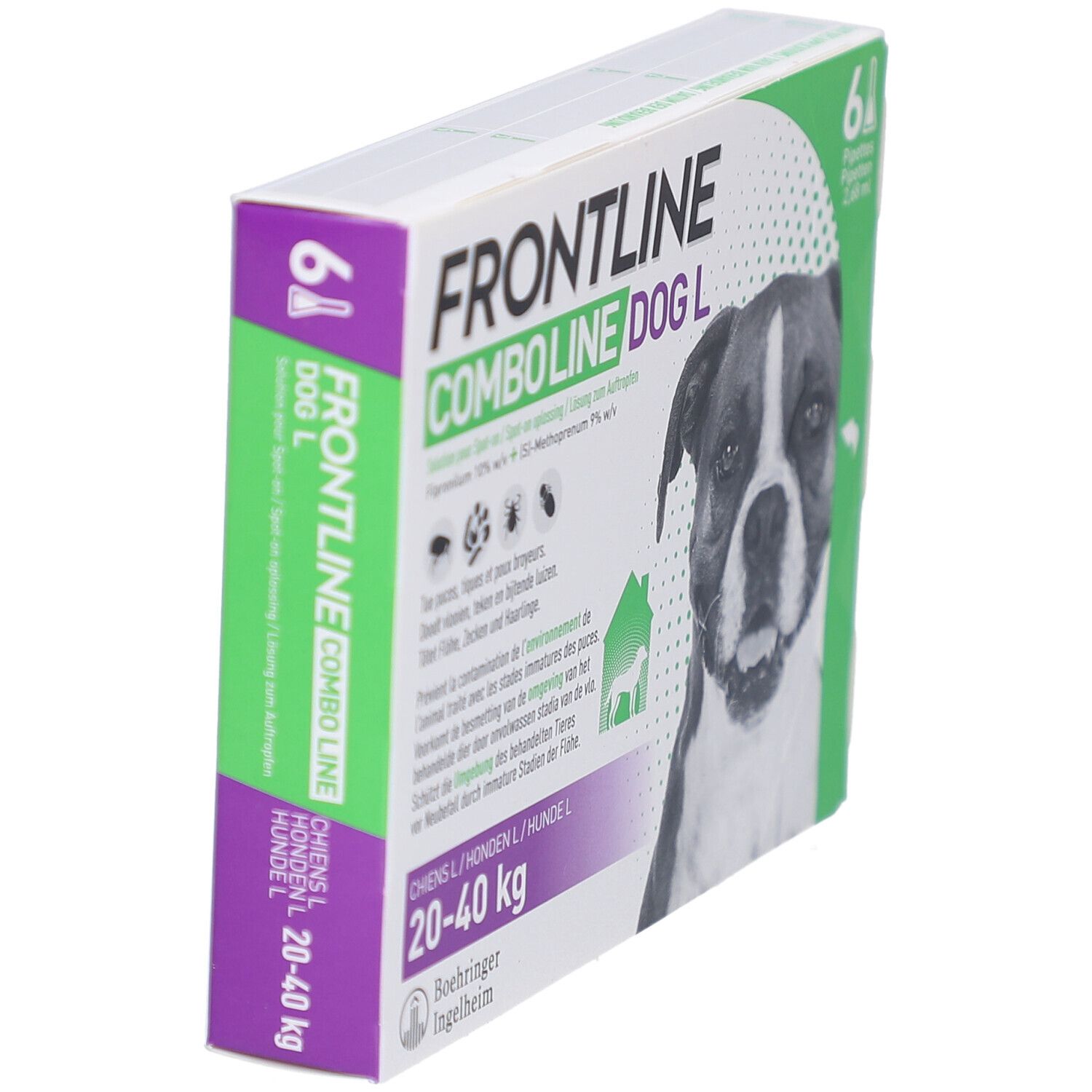 Doos Frontline Combo Line Dog L. Groene en witte verpakking. 6 pipetten. Hond op de verpakking.
