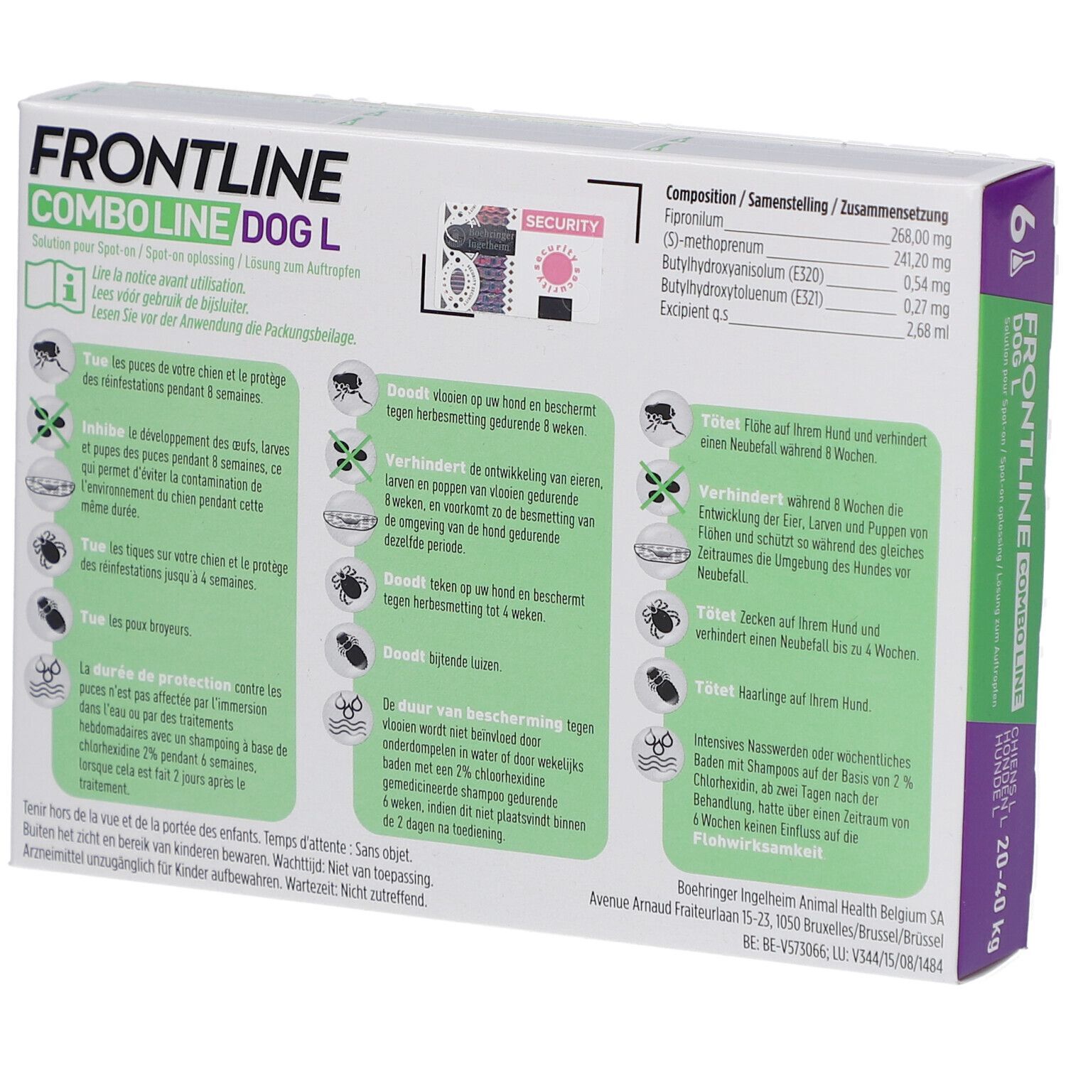 Achterkant van de doos Frontline Combo Line Dog L. Tekst in meerdere talen. Ingrediënten en gebruiksaanwijzing.